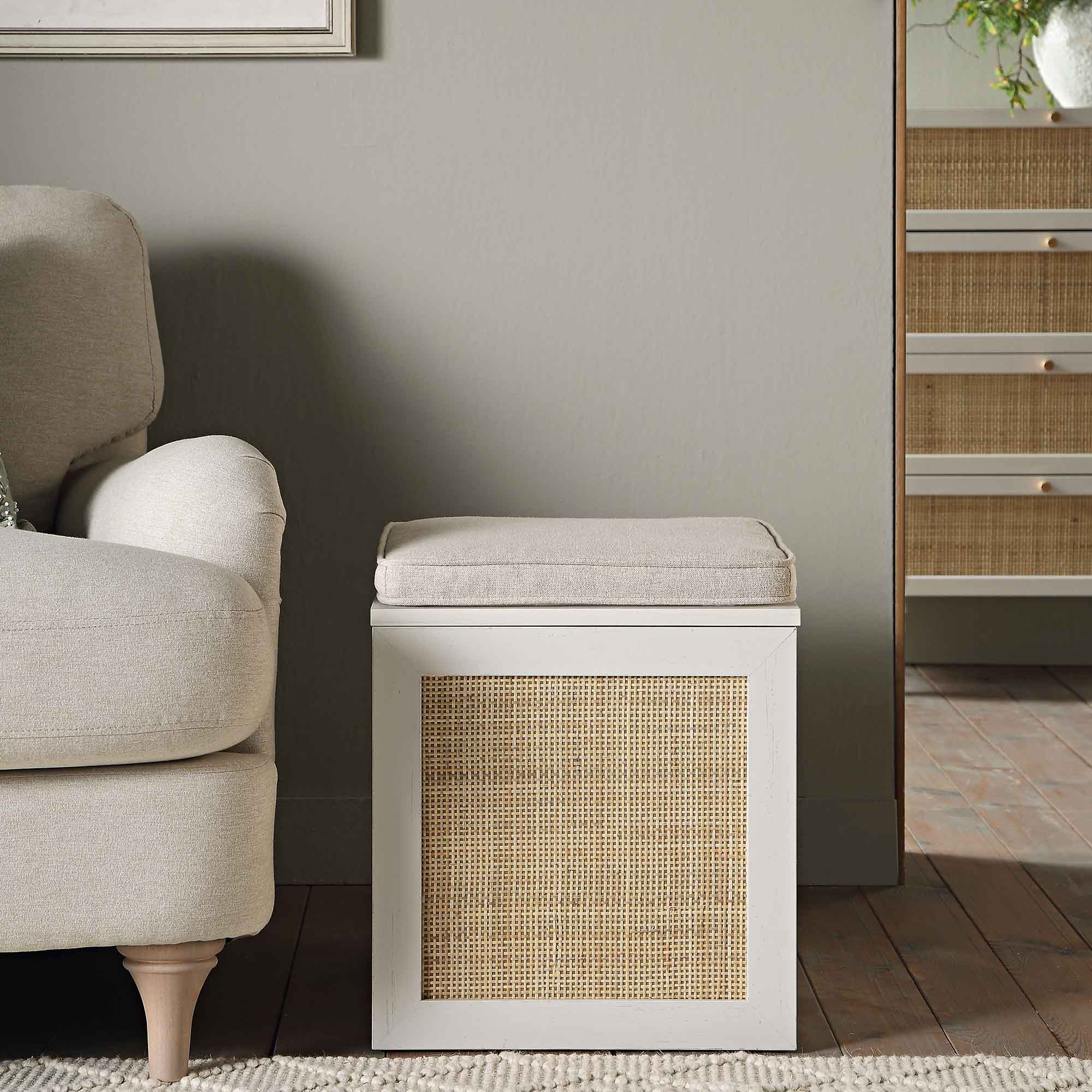 Frances Woven Rattan Single Storage Stool with Cushion, White - Image 2