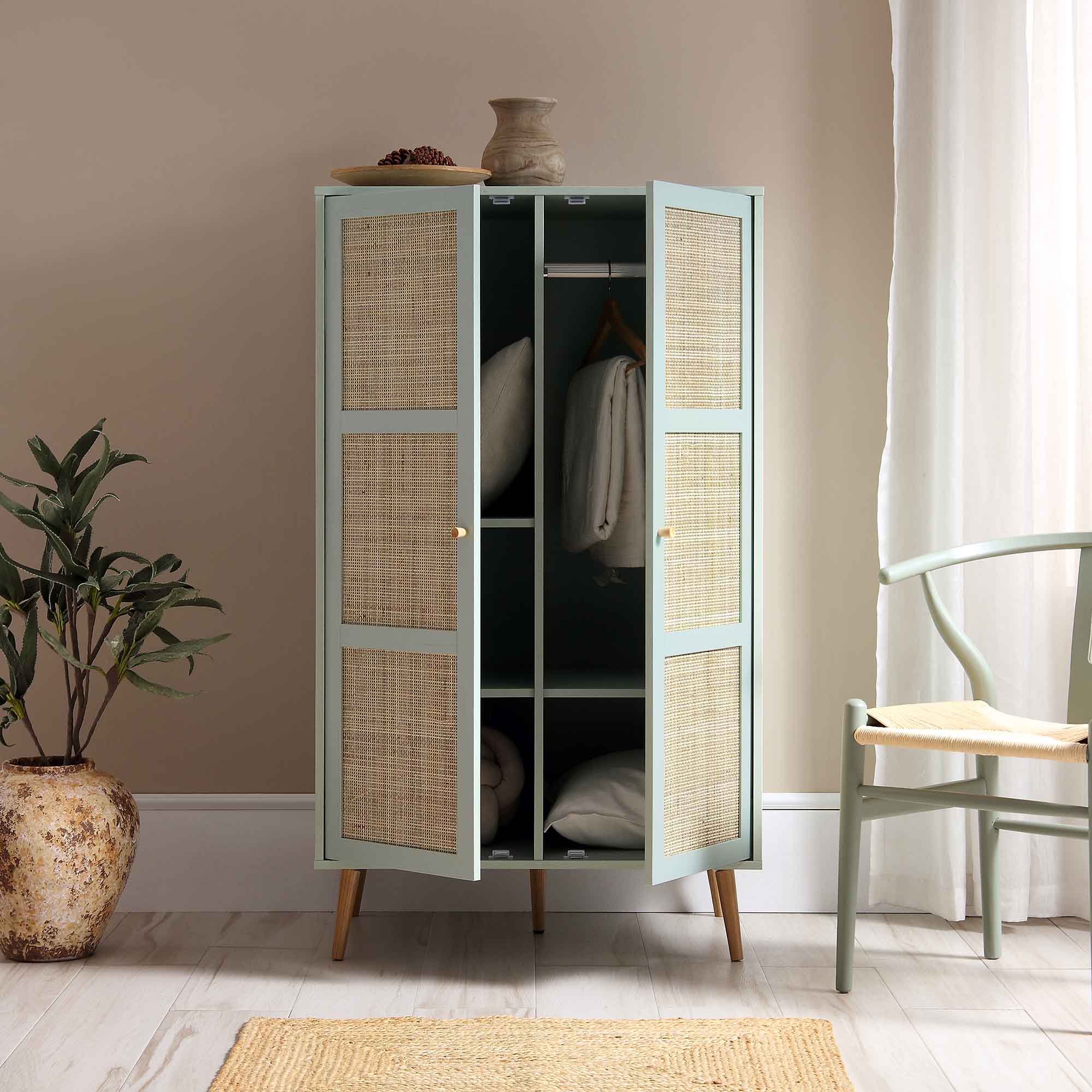 Frances Woven Rattan Compact Double Wardrobe, Mint Green - Image 3