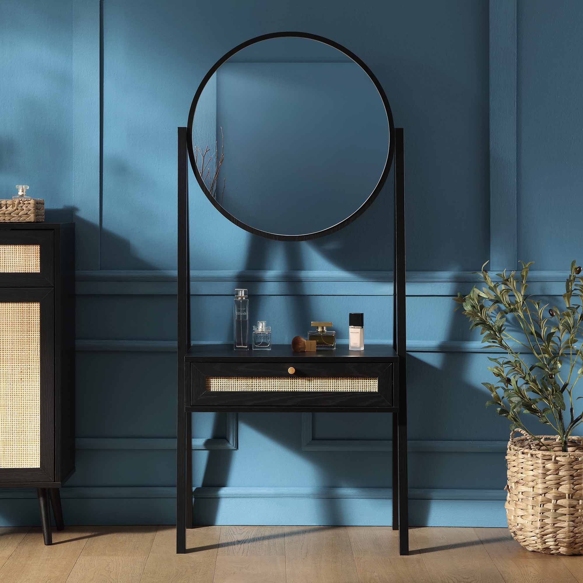 Frances Woven Rattan Standing Dressing Table with Mirror, Black - Image 2