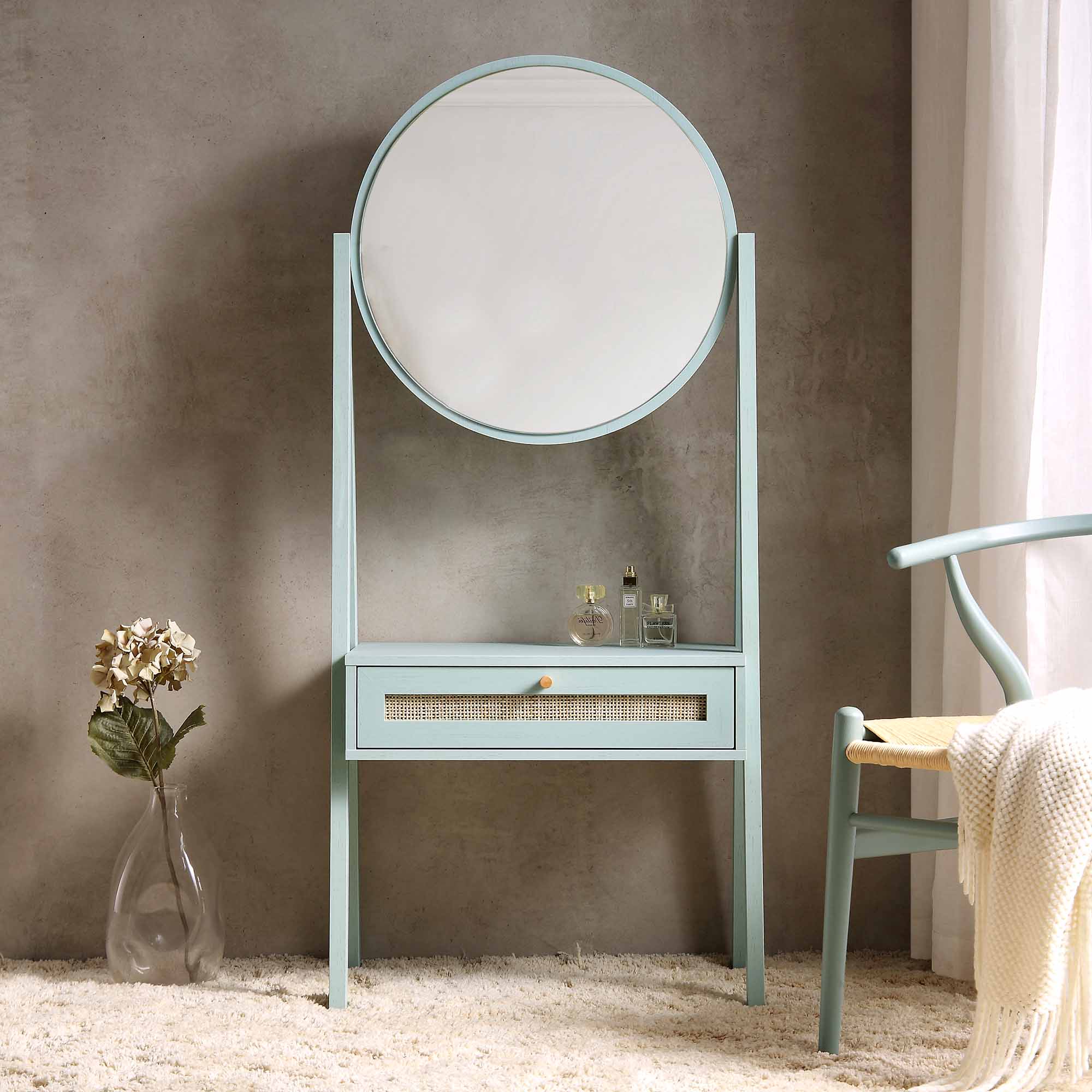 Frances Woven Rattan Standing Dressing Table with Mirror, Mint - Image 2