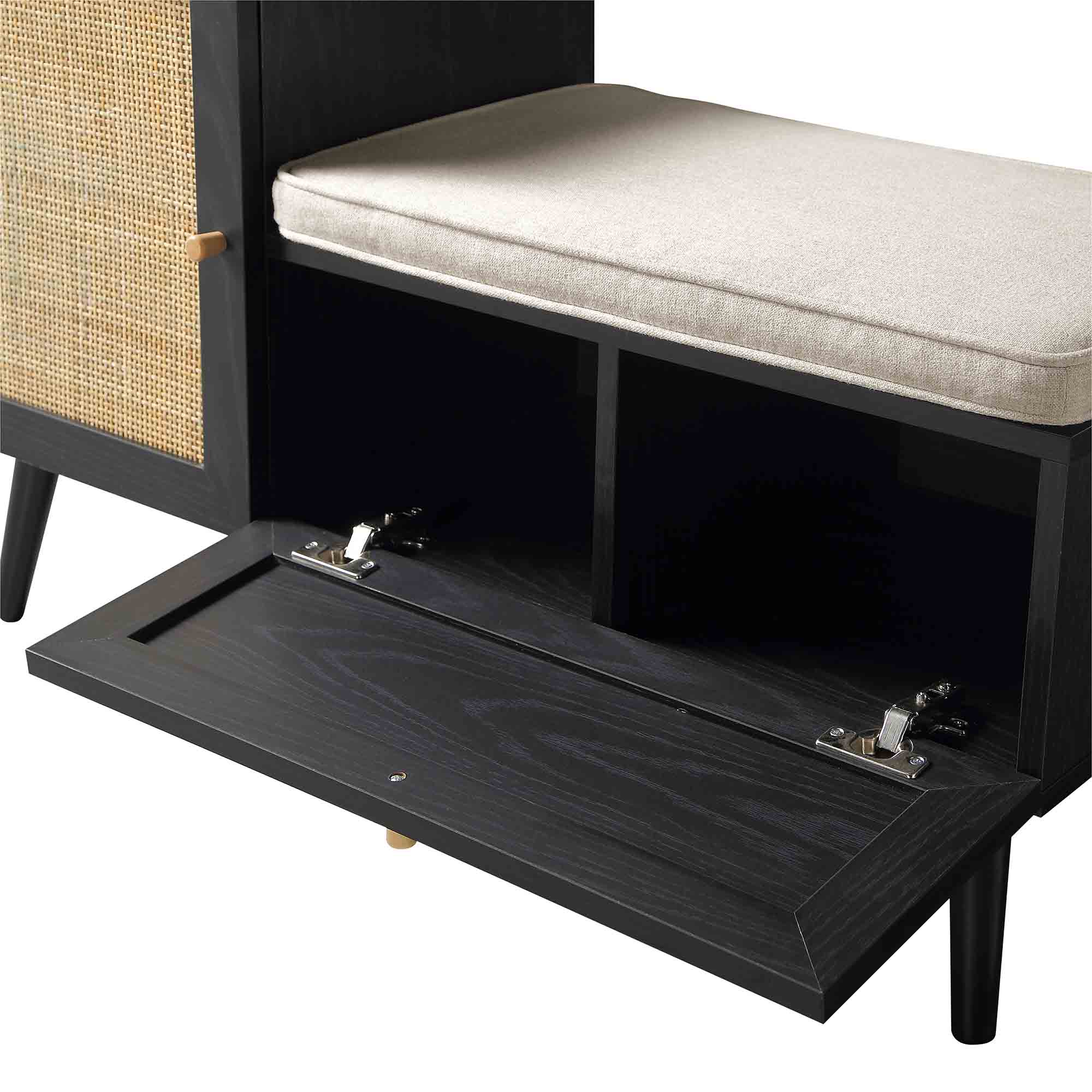 Frances Woven Rattan Storage Bench with Cushion, Black - Image 12