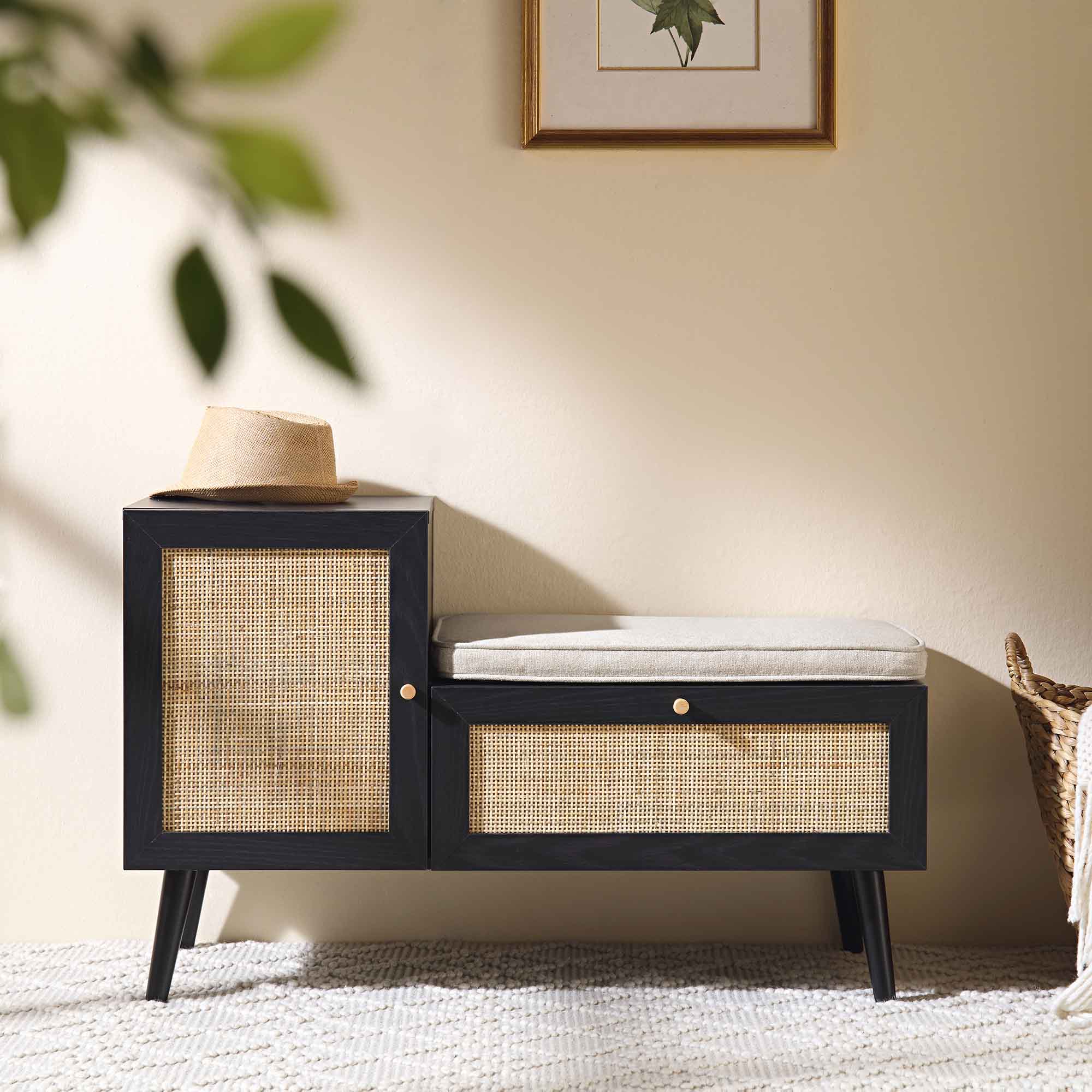 Frances Woven Rattan Storage Bench with Cushion, Black - Image 2