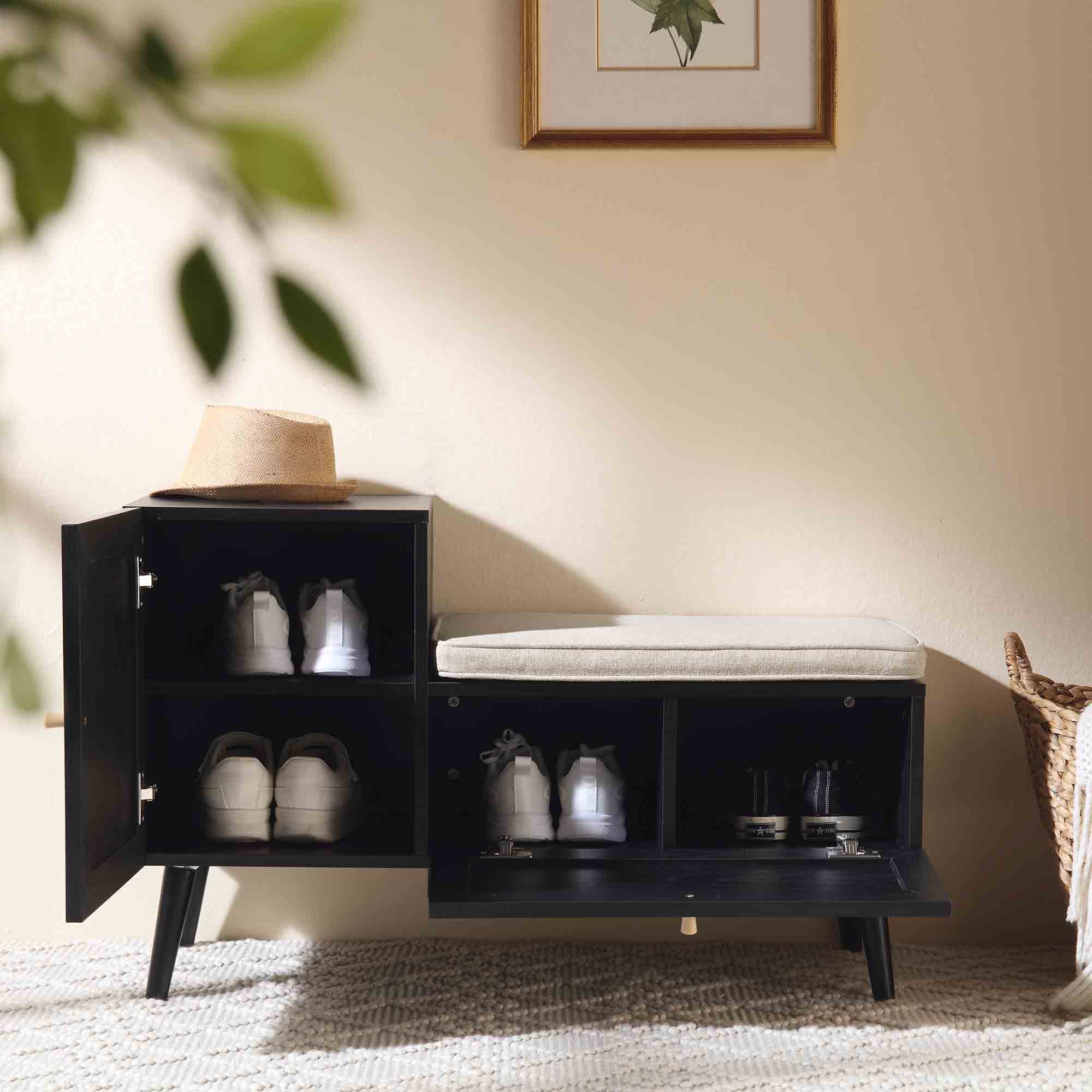 Frances Woven Rattan Storage Bench with Cushion, Black - Image 3