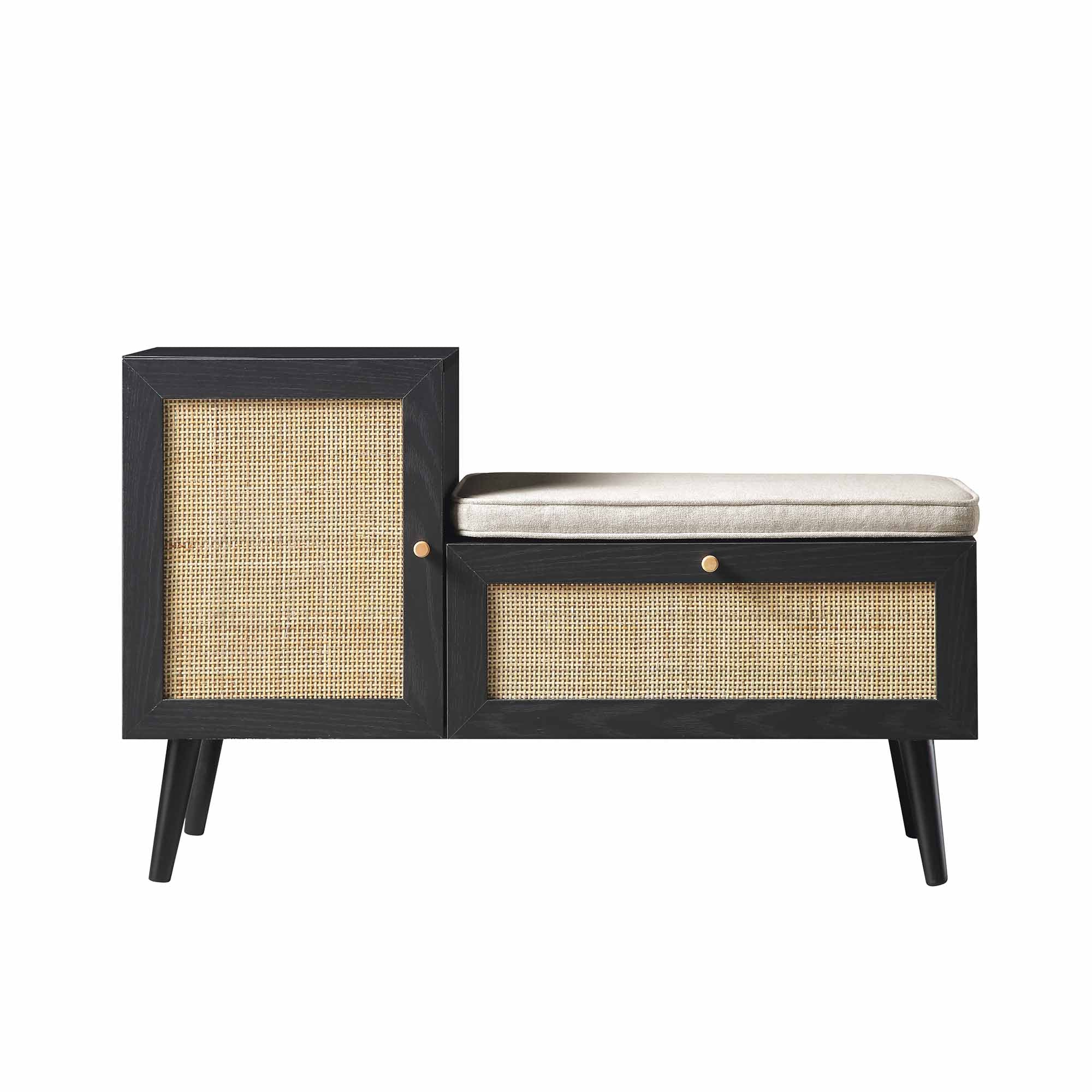 Frances Woven Rattan Storage Bench with Cushion, Black - Image 4
