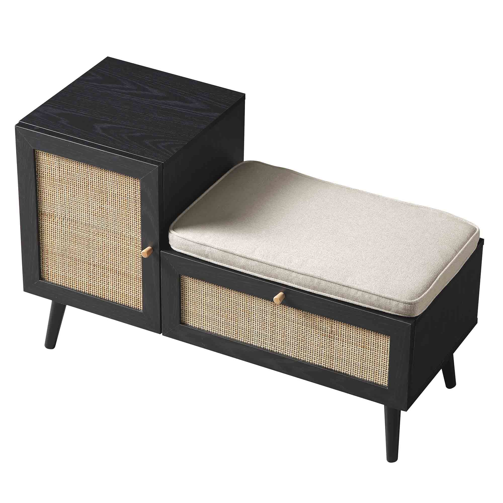 Frances Woven Rattan Storage Bench with Cushion, Black - Image 9