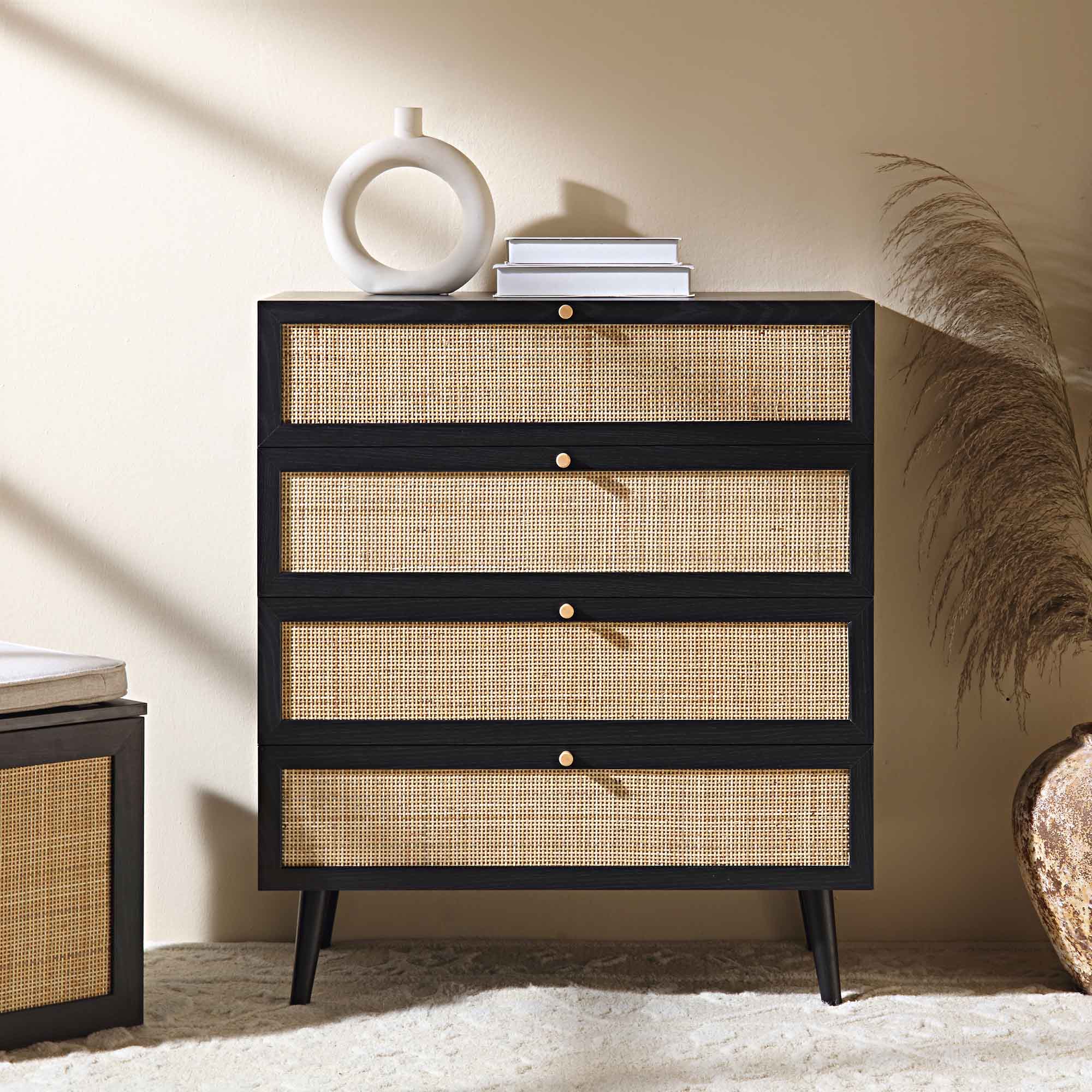 Frances Woven Rattan Tall Chest of 4 Drawers, Black - Image 2