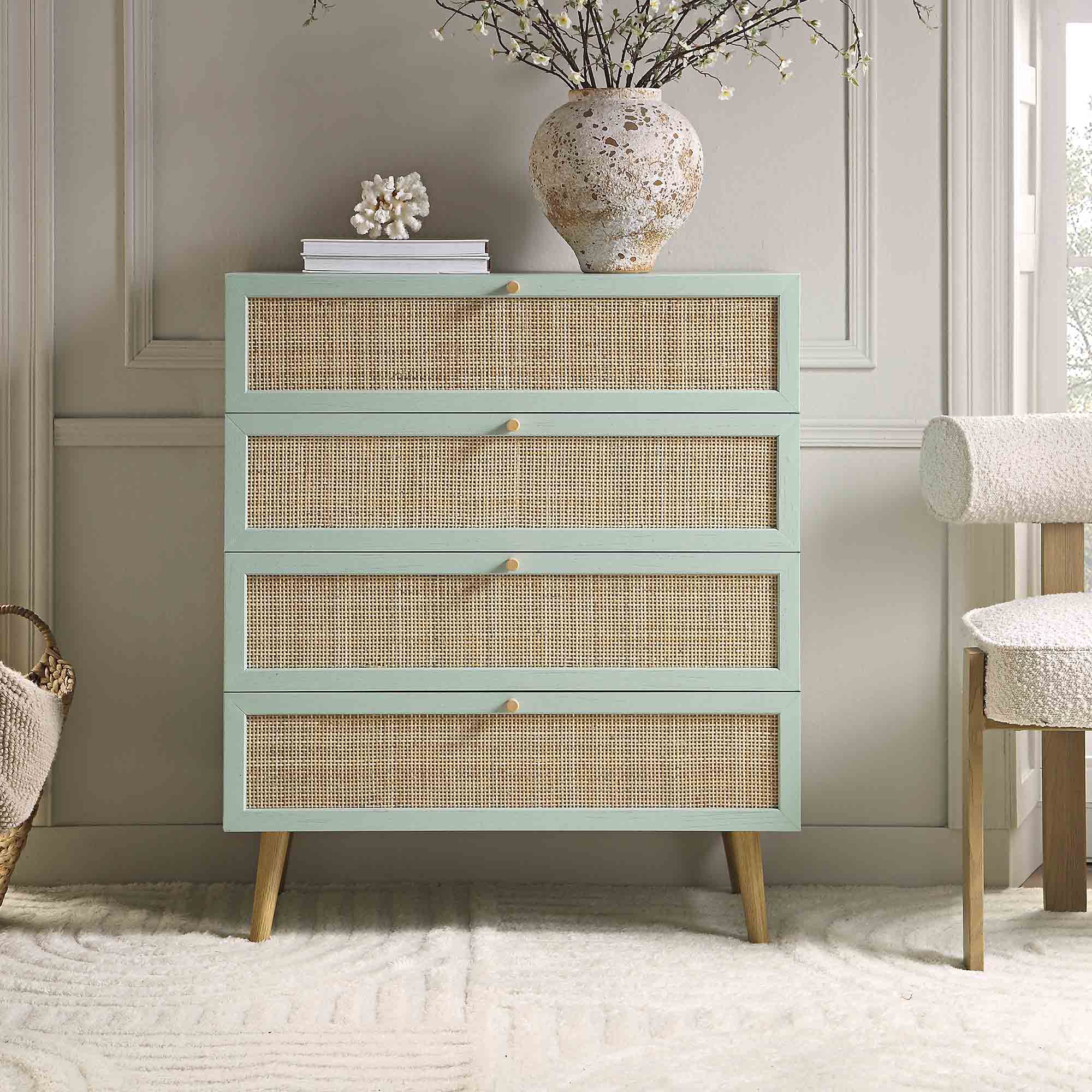 Frances Woven Rattan Tall Chest of 4 Drawers, Mint - Image 2