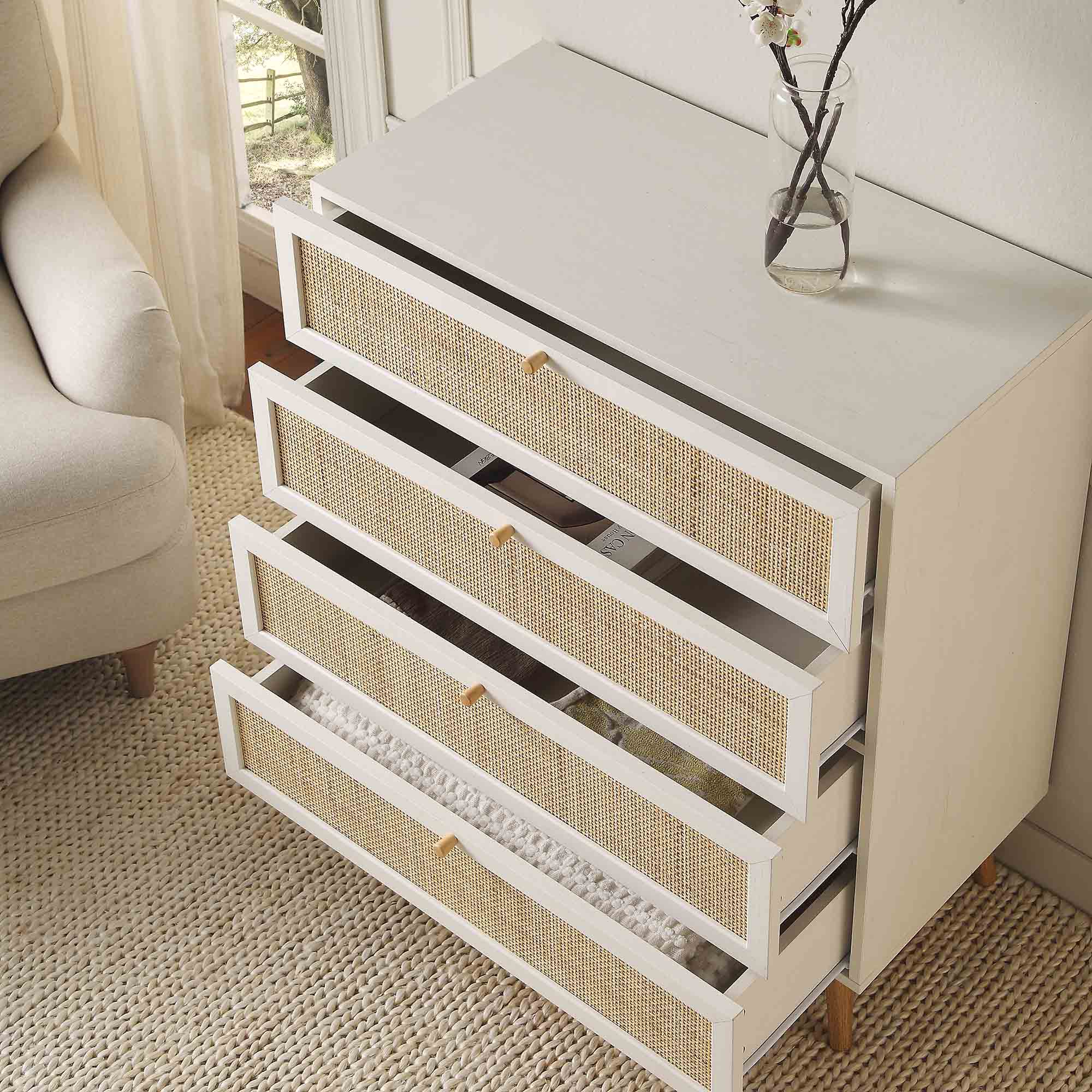 Frances Woven Rattan Tall Chest of 4 Drawers, White - Image 3