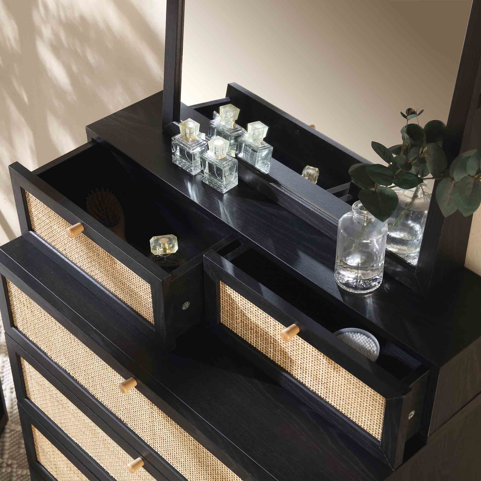 Frances Woven Rattan Tall Vanity Chest with Mirror, Black - Image 3