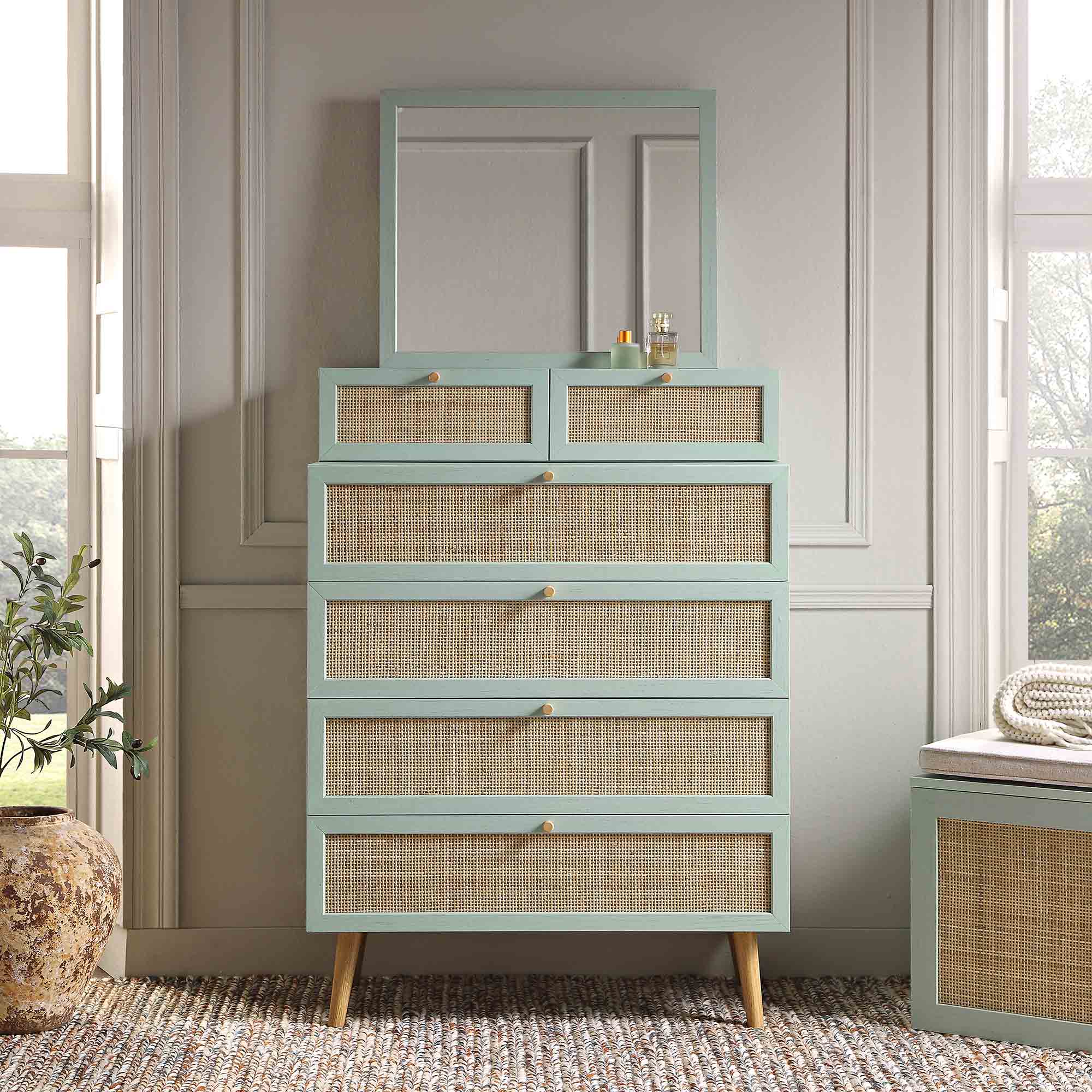 Frances Woven Rattan Tall Vanity Chest with Mirror, Mint - Image 2