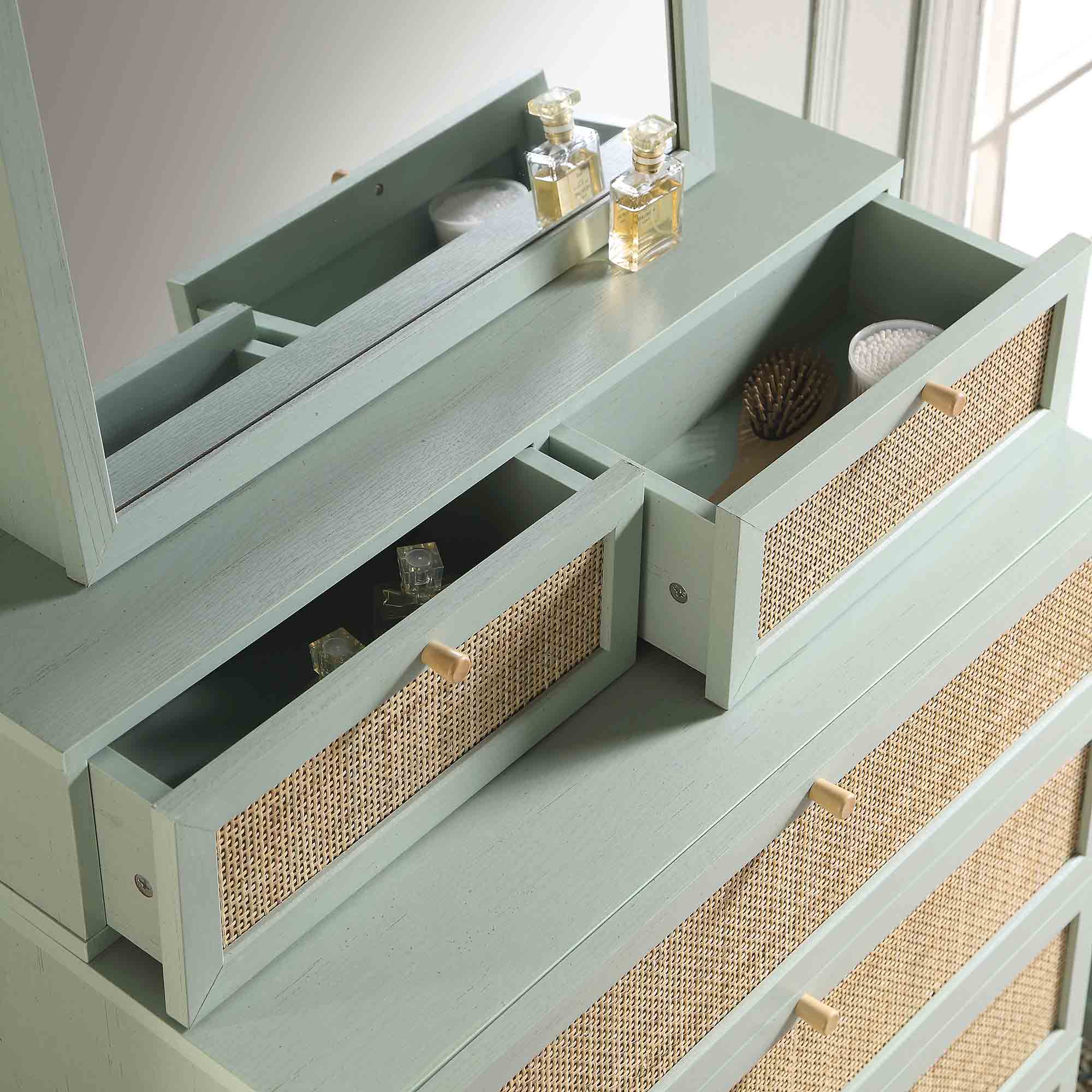 Frances Woven Rattan Tall Vanity Chest with Mirror, Mint - Image 3