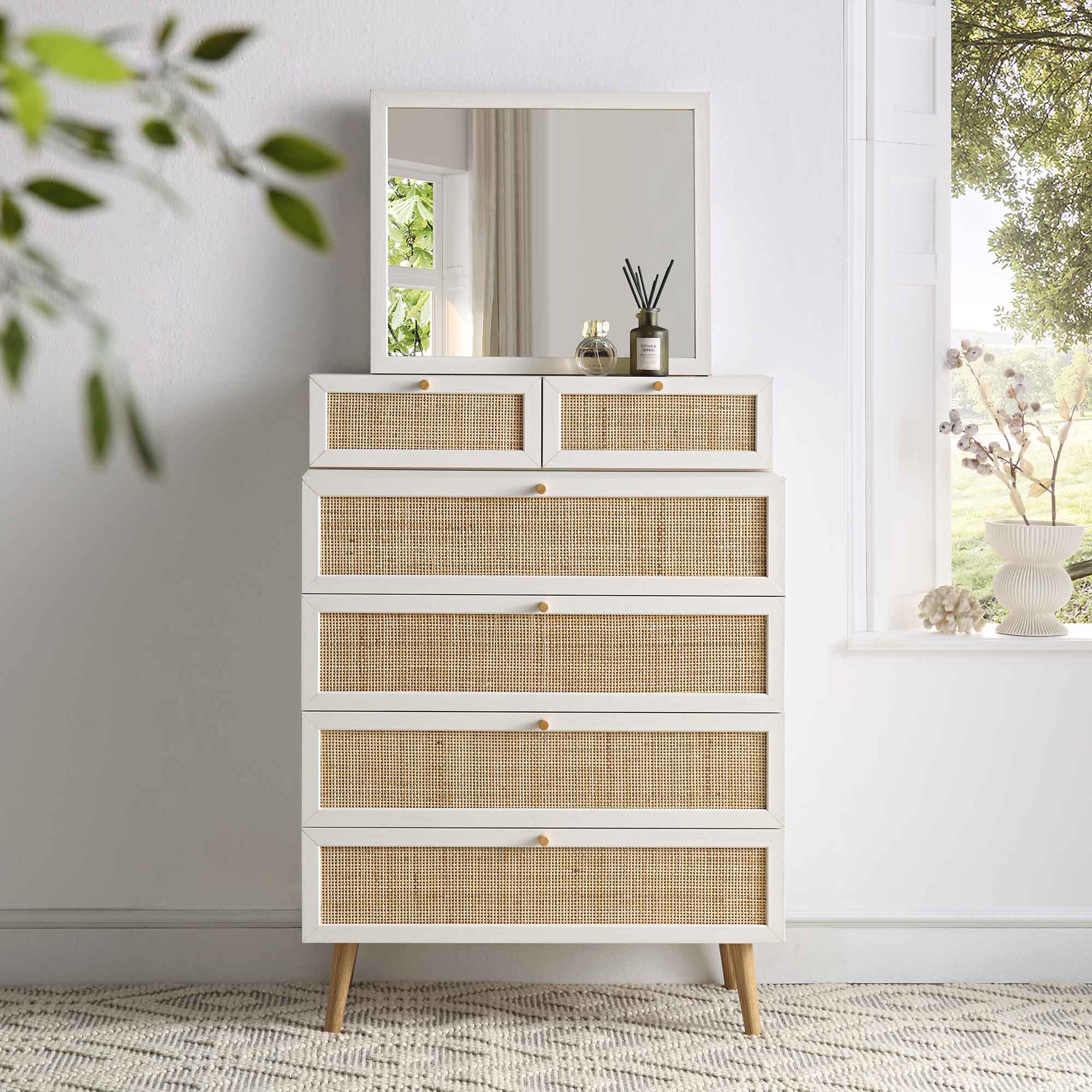 Frances Woven Rattan Tall Vanity Chest with Mirror, White - Image 2