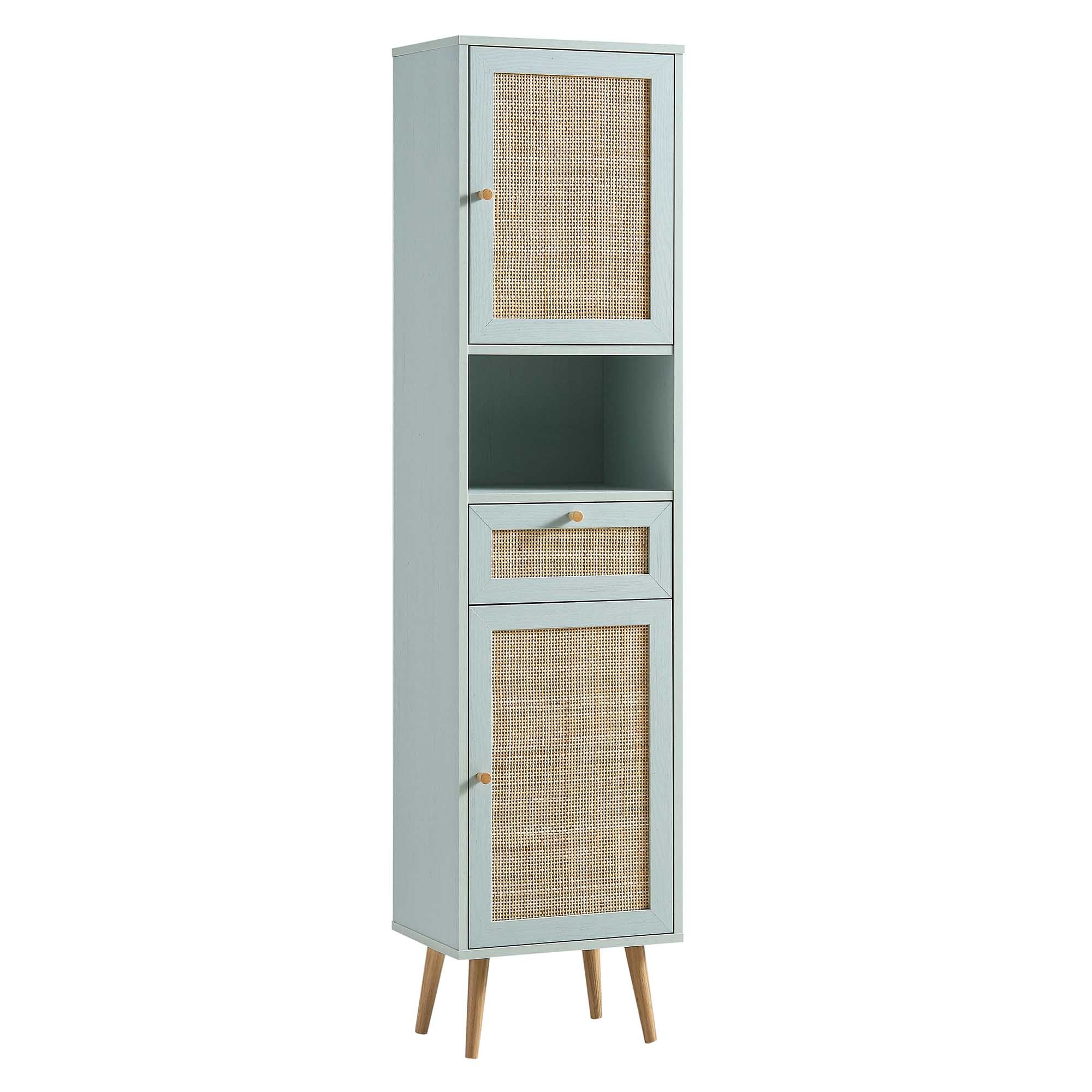 Frances Woven Rattan Tallboy Bathroom Unit, Mint Green - Image 4