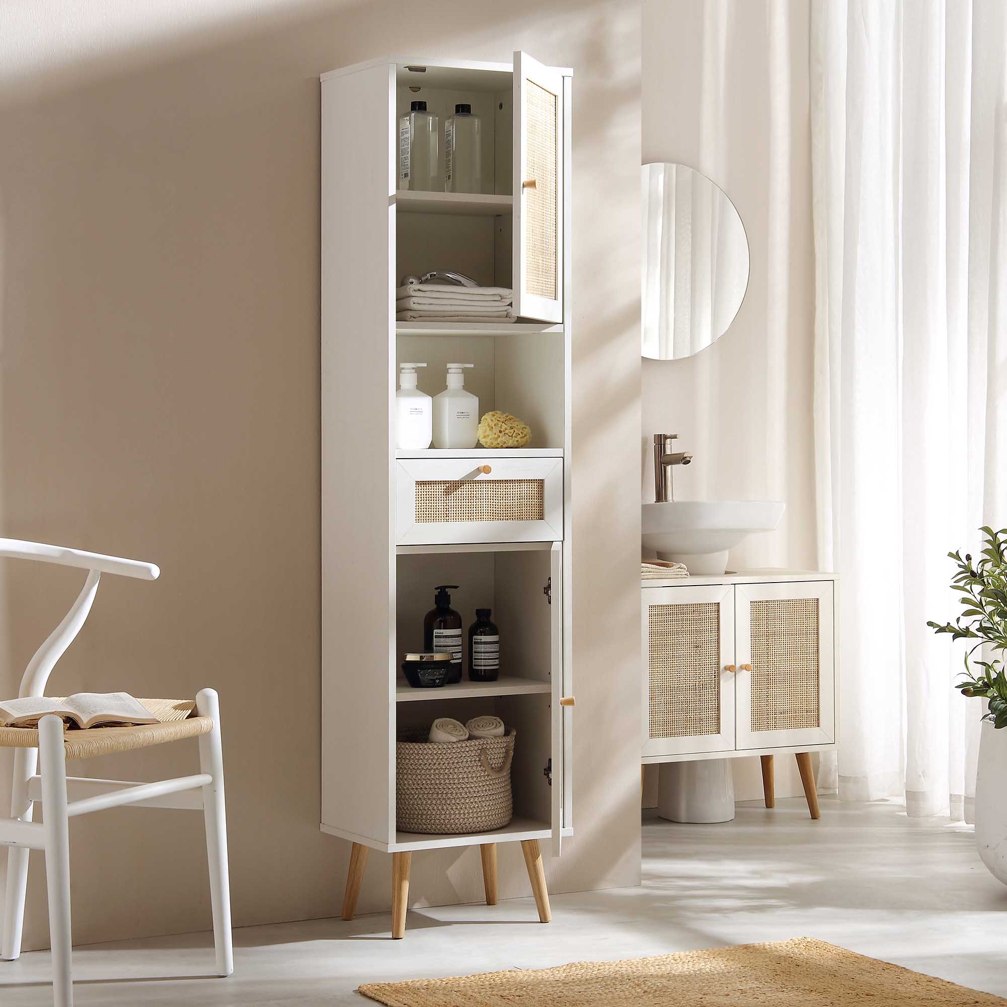 Frances Woven Rattan Tallboy Bathroom Unit, White - Image 3