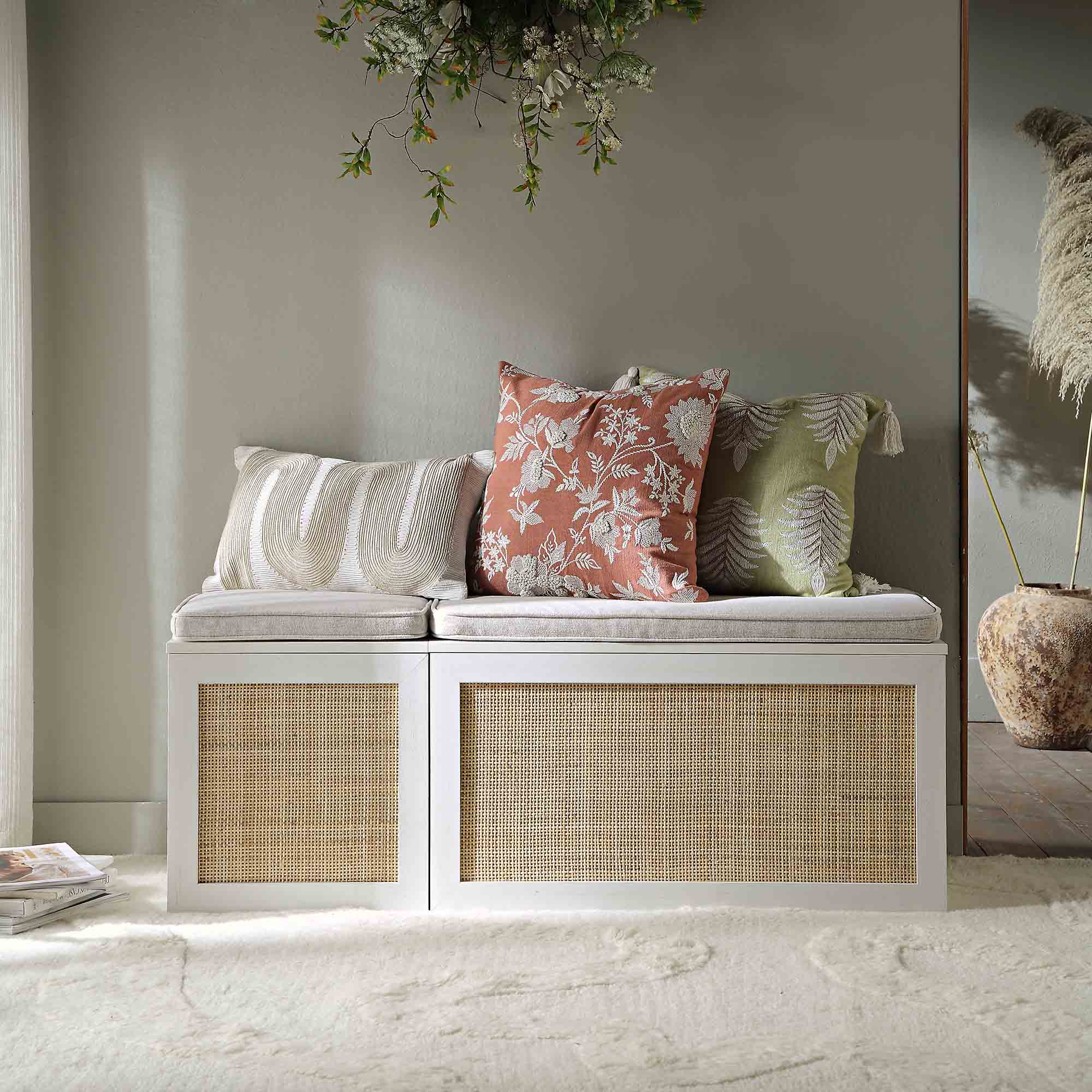 Frances Woven Rattan Triple Storage Stool Set with Cushion, White - Image 2