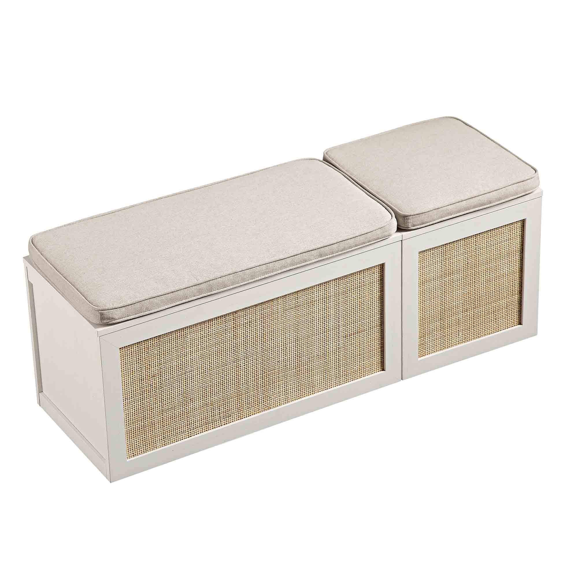 Frances Woven Rattan Triple Storage Stool Set with Cushion, White - Image 7