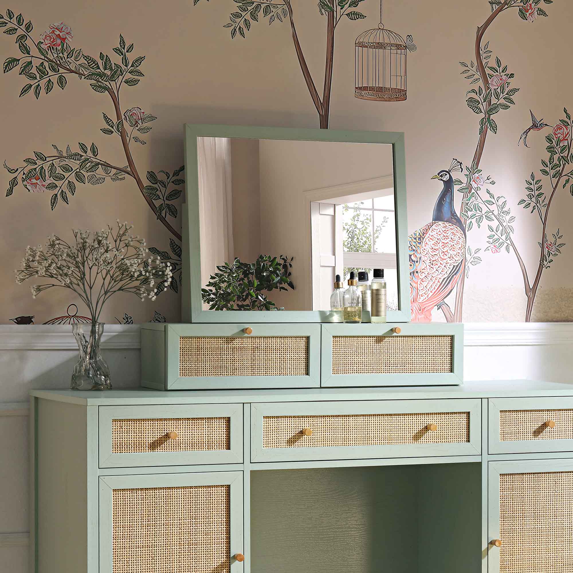 Frances Woven Rattan Vanity Mirror, Mint - Image 3