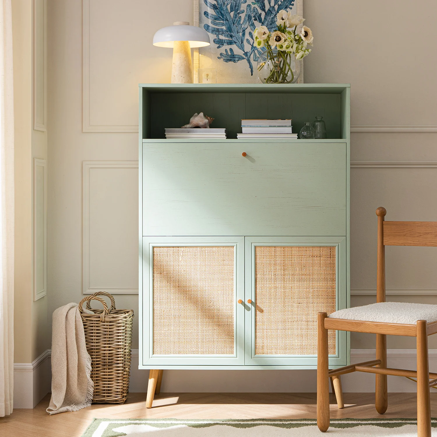 Frances Woven Rattan Writing Bureau, Mint - Image 4