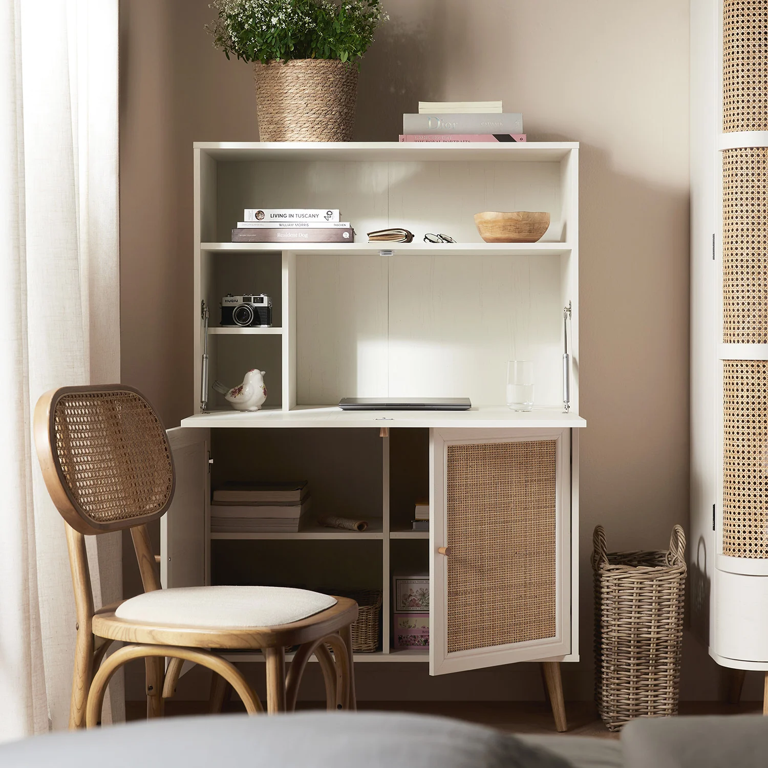 Frances Woven Rattan Writing Bureau, White - Image 3