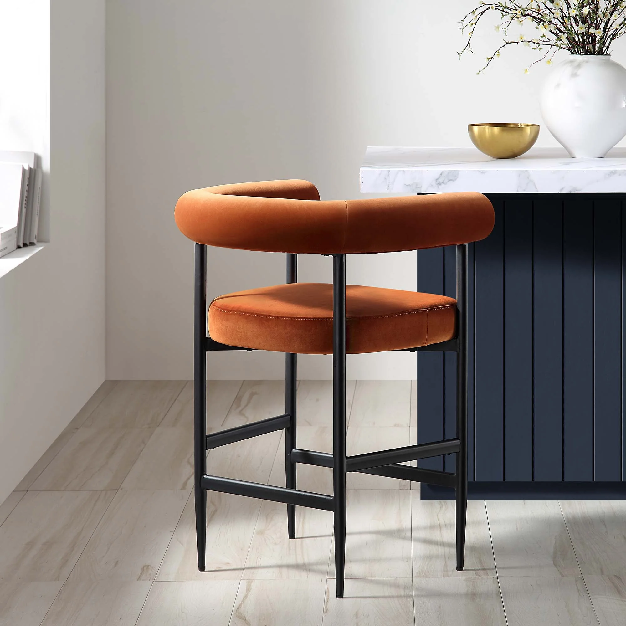 Fulbourn Rust Velvet Counter Stool with Black Legs - Image 2