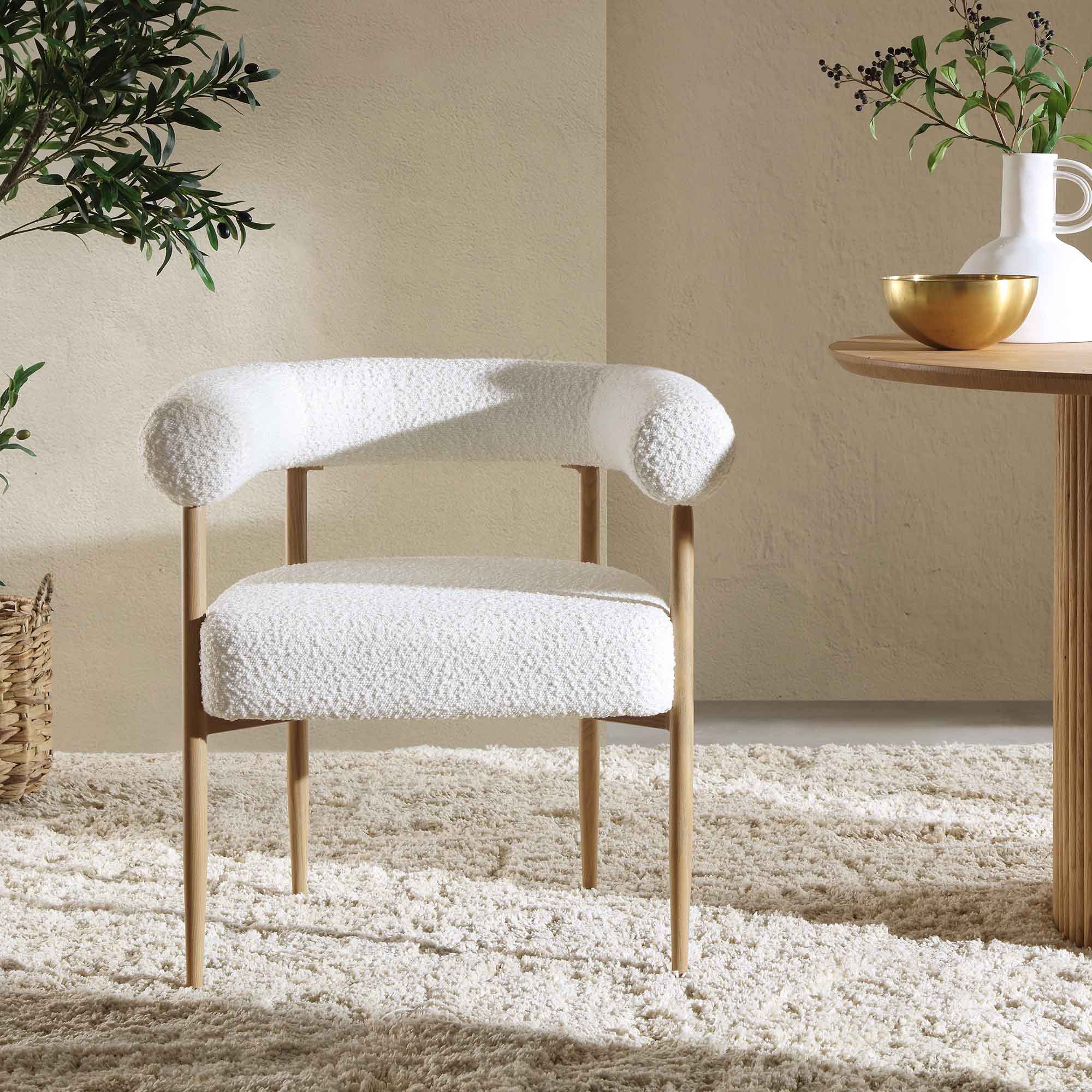 Fulbourn White Boucle Dining Chair with Natural Wood Effect Legs - Image 2