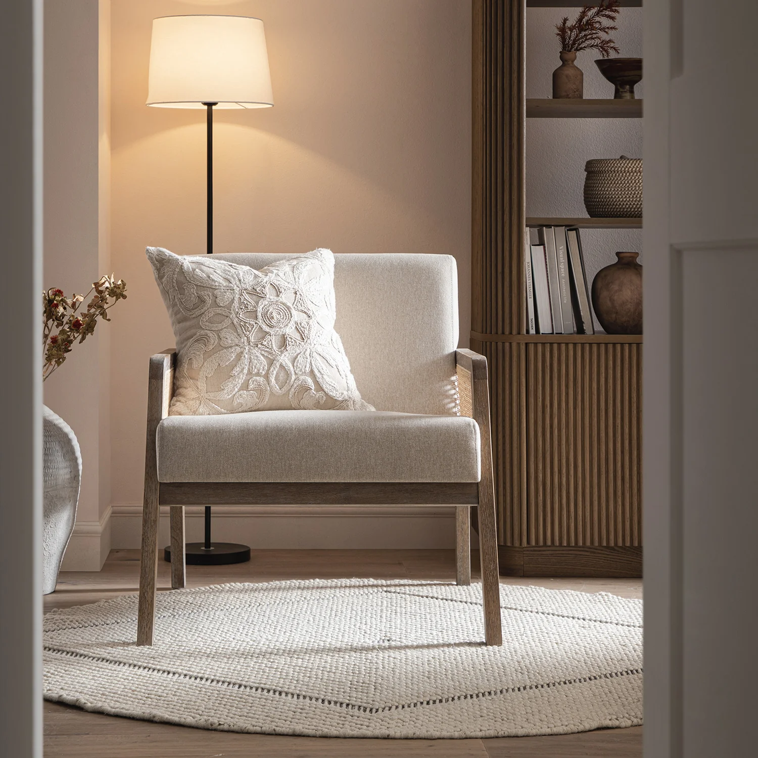 Fyne Oatmeal Fabric Weathered Oak Frame Rattan Armchair - Image 2