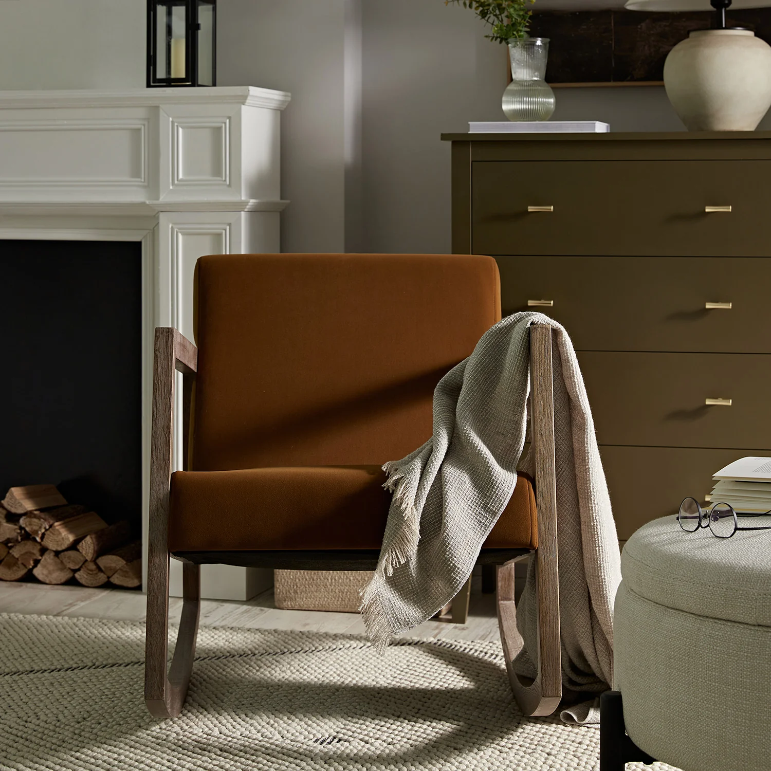 Fyne Cinnamon Velvet Rocking Weathered Oak Armchair - Image 2