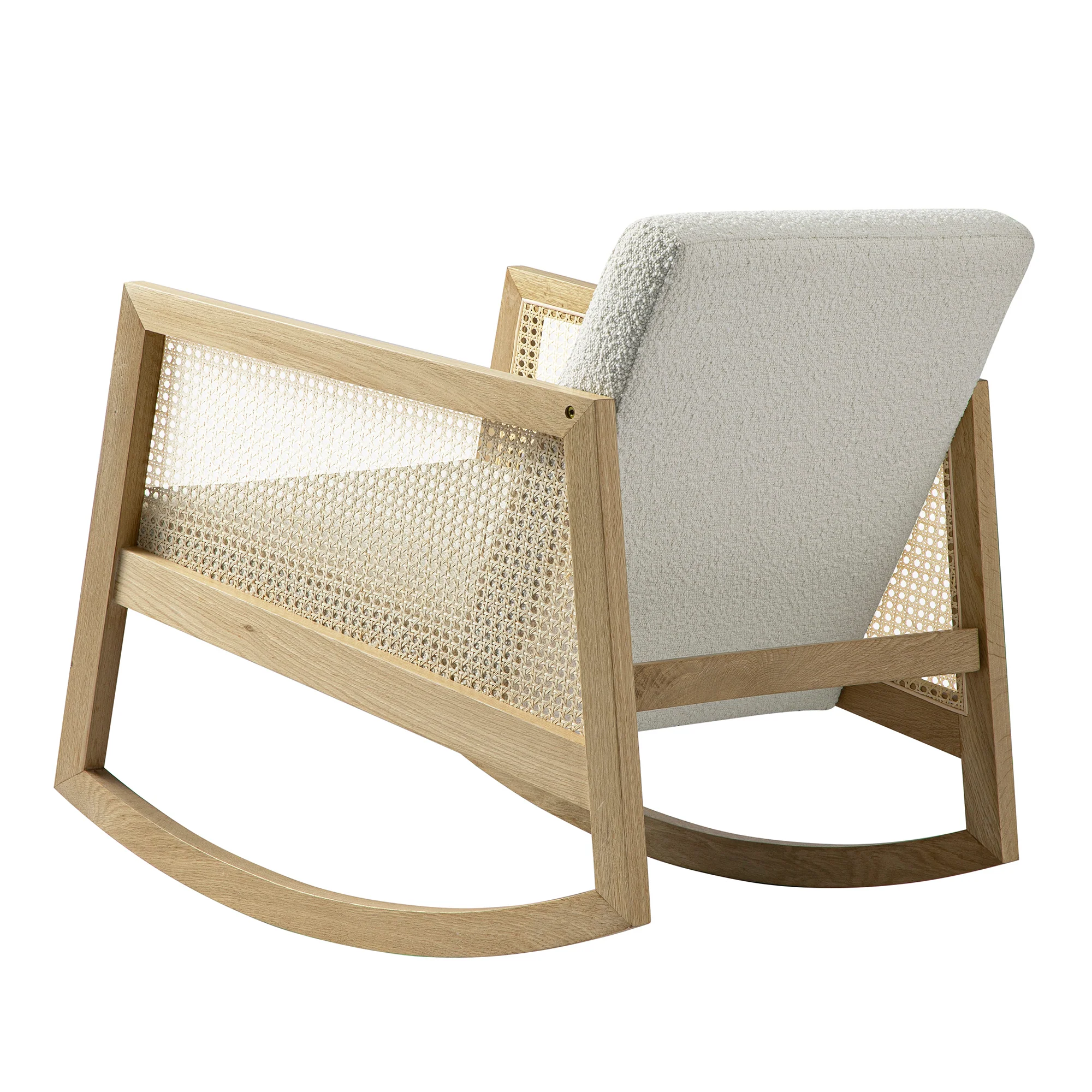 Fyne Ecru Boucle Rocking Natural Oak Armchair with Rattan Armrests - Image 10
