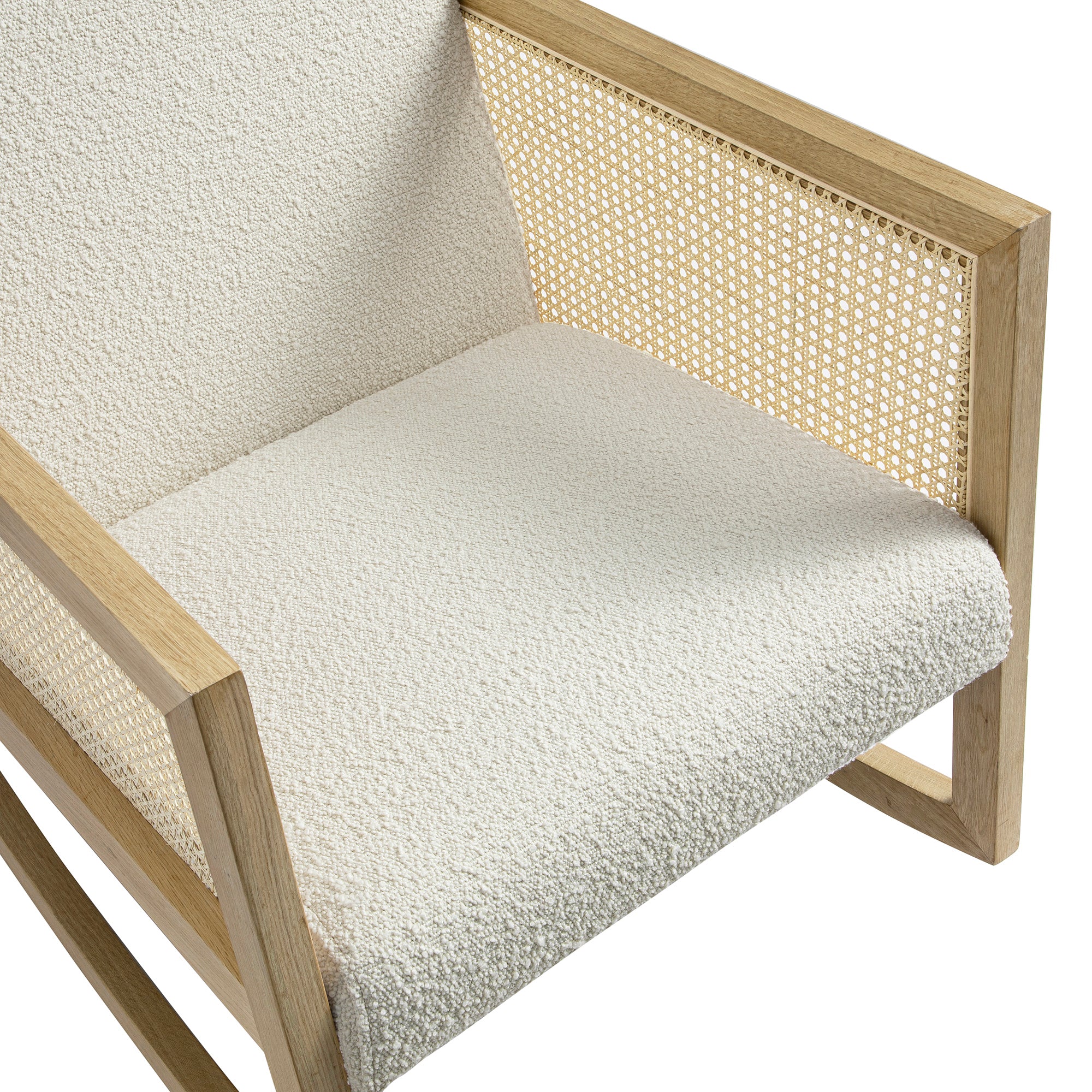 Fyne Ecru Boucle Rocking Natural Oak Armchair with Rattan Armrests - Image 12