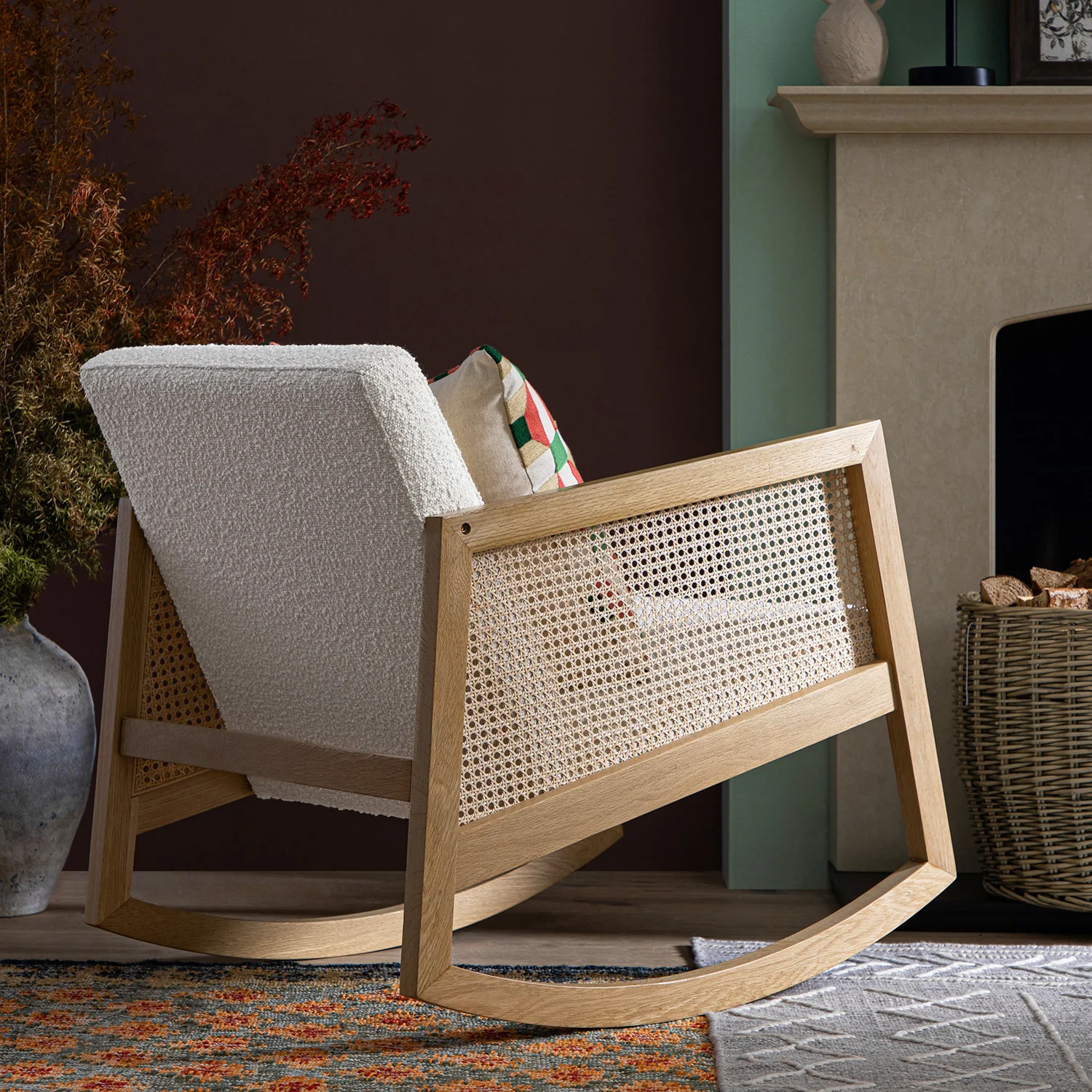 Fyne Ecru Boucle Rocking Natural Oak Armchair with Rattan Armrests - Image 2