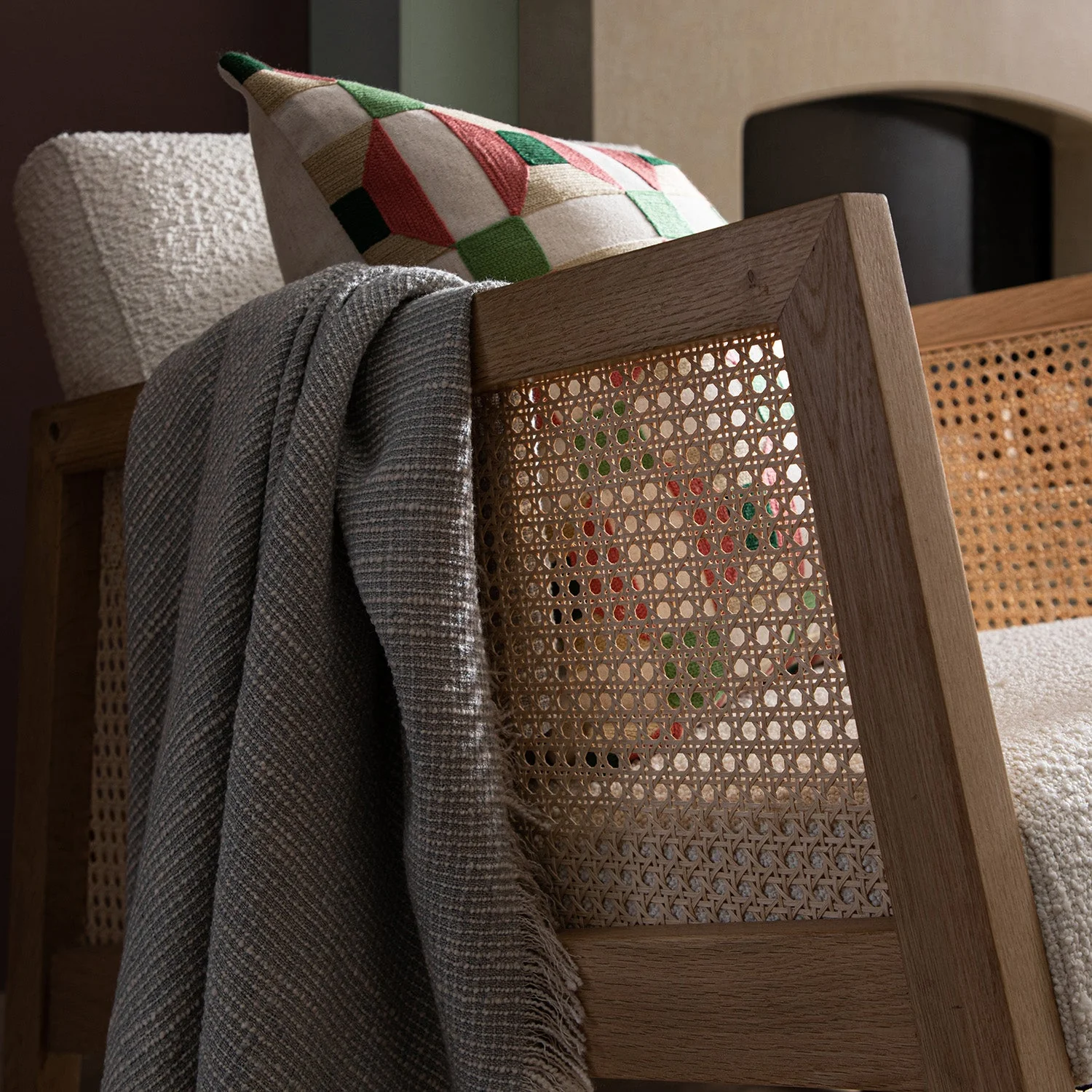 Fyne Ecru Boucle Rocking Natural Oak Armchair with Rattan Armrests - Image 5