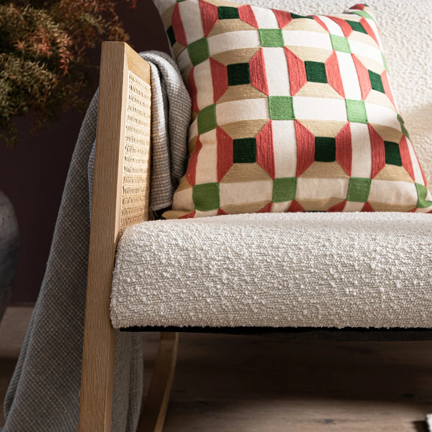 Fyne Ecru Boucle Rocking Natural Oak Armchair with Rattan Armrests - Image 6