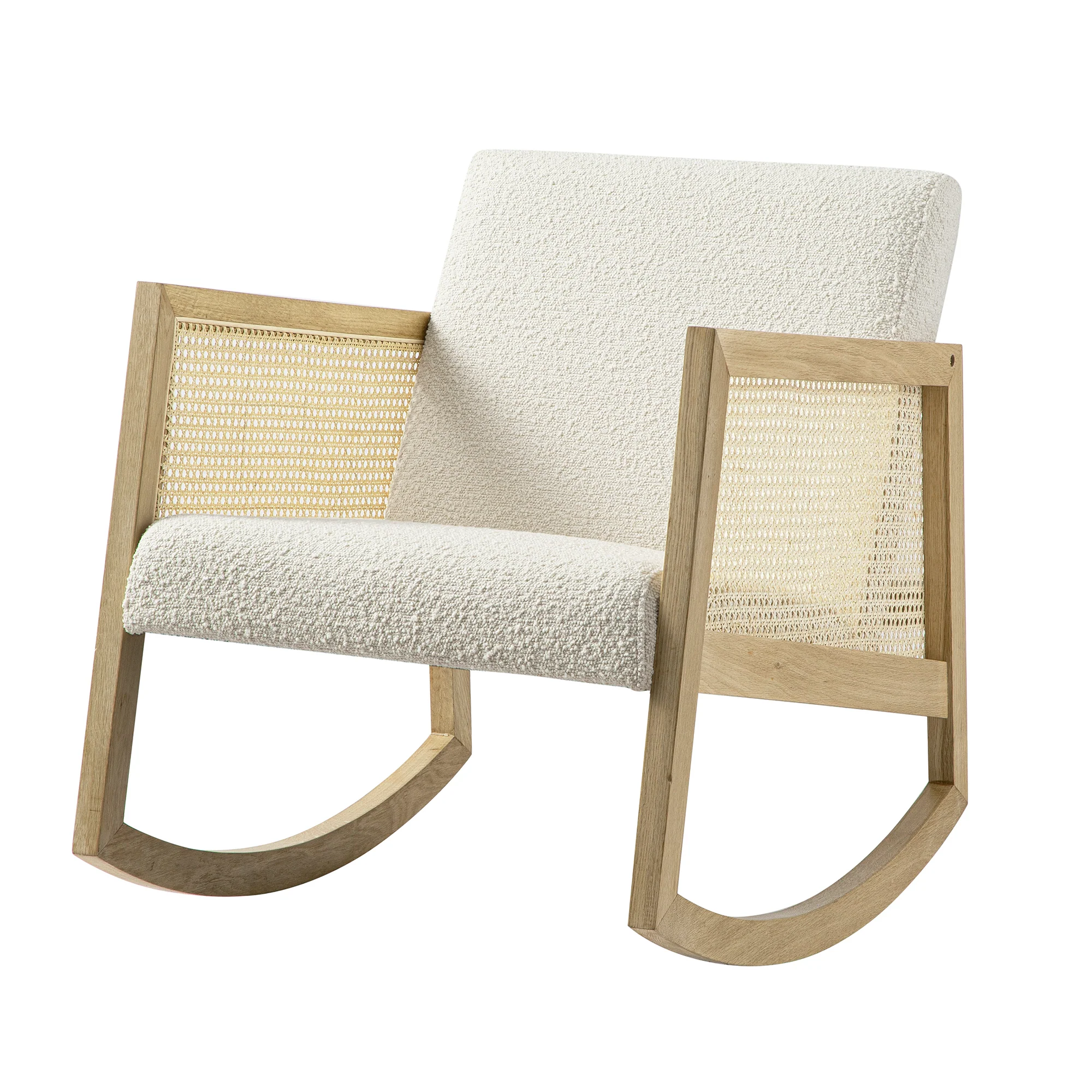 Fyne Ecru Boucle Rocking Natural Oak Armchair with Rattan Armrests - Image 7