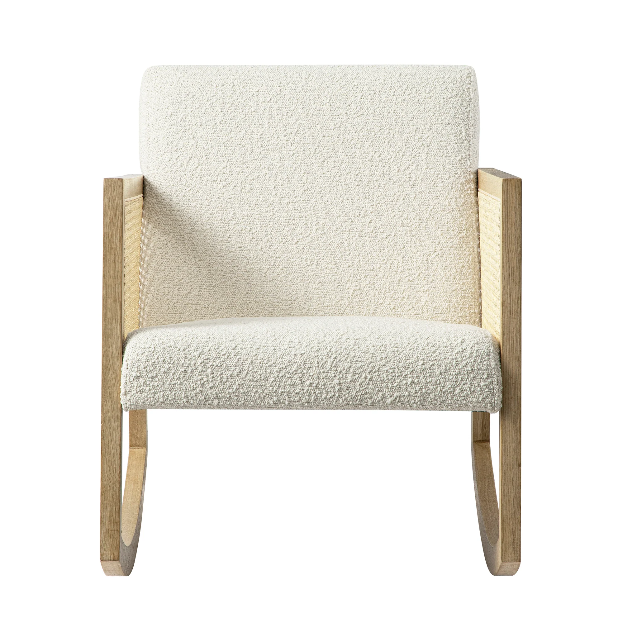 Fyne Ecru Boucle Rocking Natural Oak Armchair with Rattan Armrests - Image 8