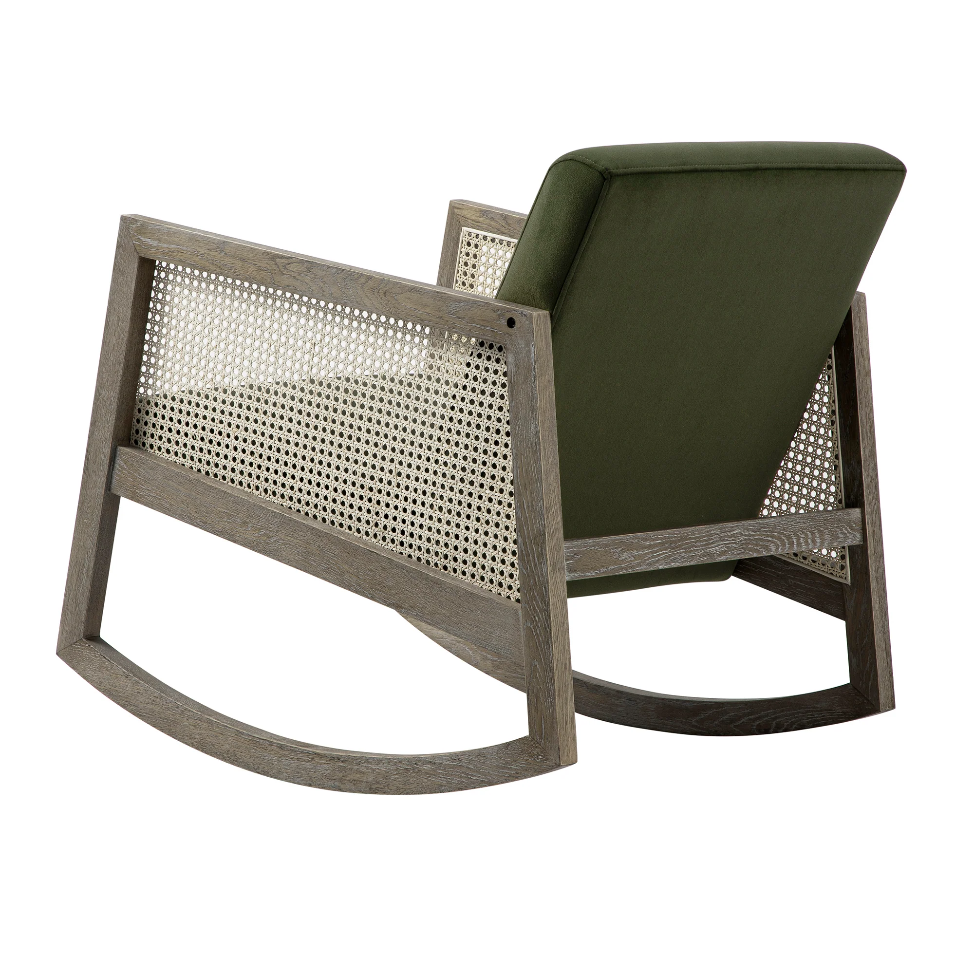 Fyne Moss Green Velvet Rocking Weathered Oak Armchair with Rattan Armrests - Image 12