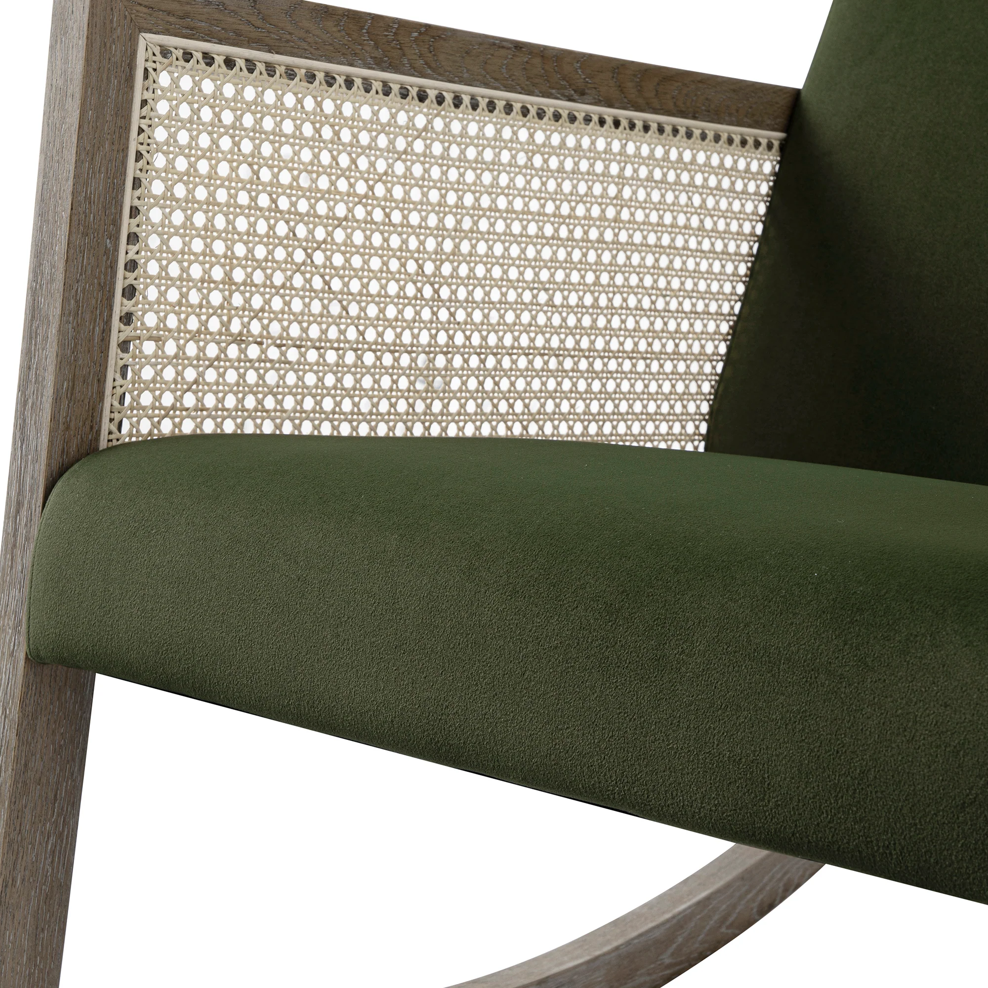 Fyne Moss Green Velvet Rocking Weathered Oak Armchair with Rattan Armrests - Image 15