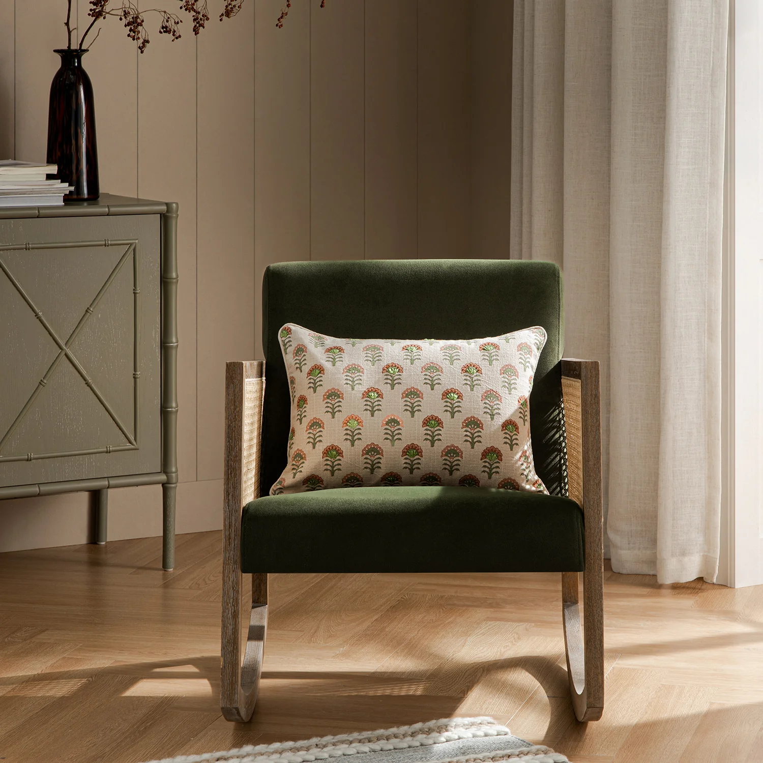 Fyne Moss Green Velvet Rocking Weathered Oak Armchair with Rattan Armrests - Image 3