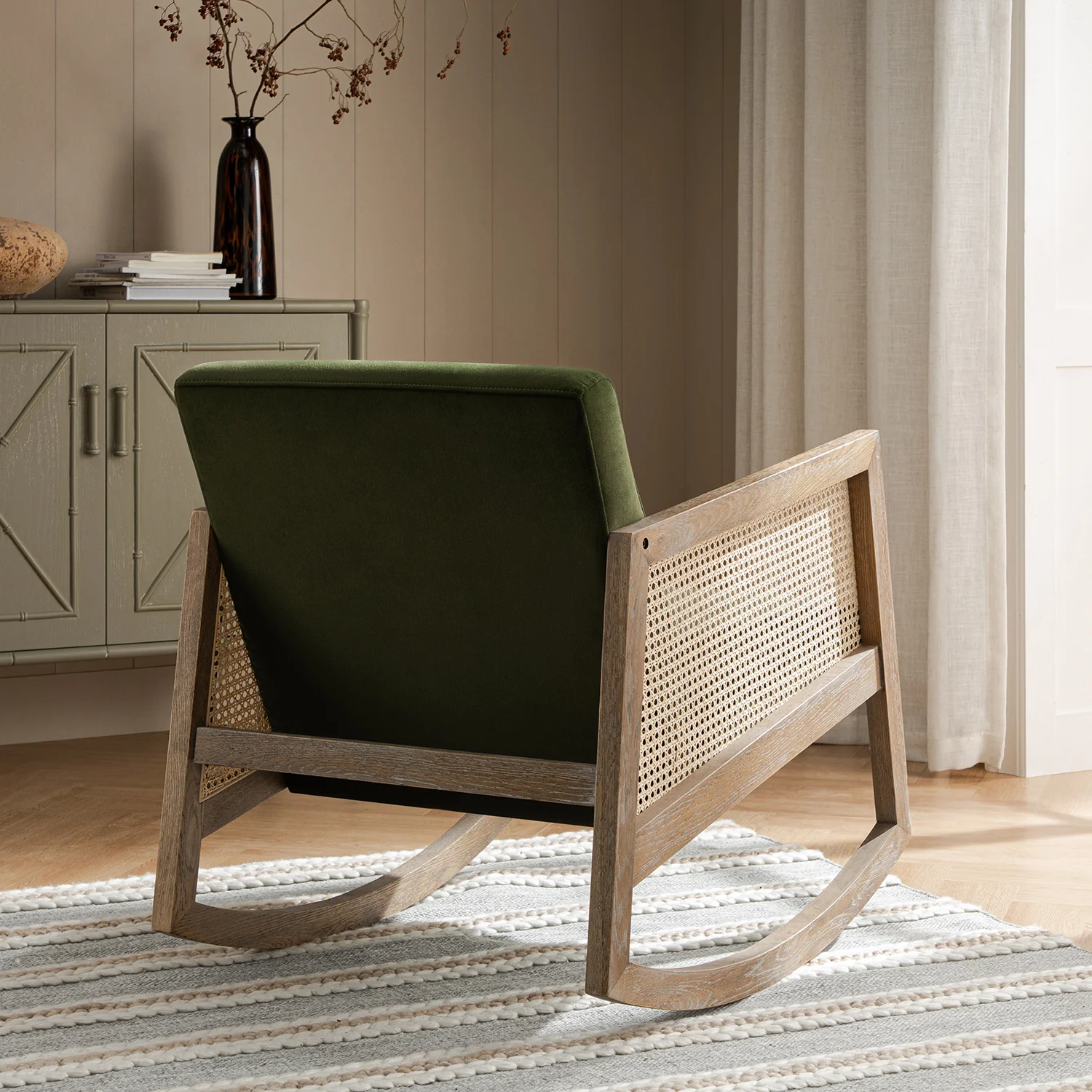 Fyne Moss Green Velvet Rocking Weathered Oak Armchair with Rattan Armrests - Image 4