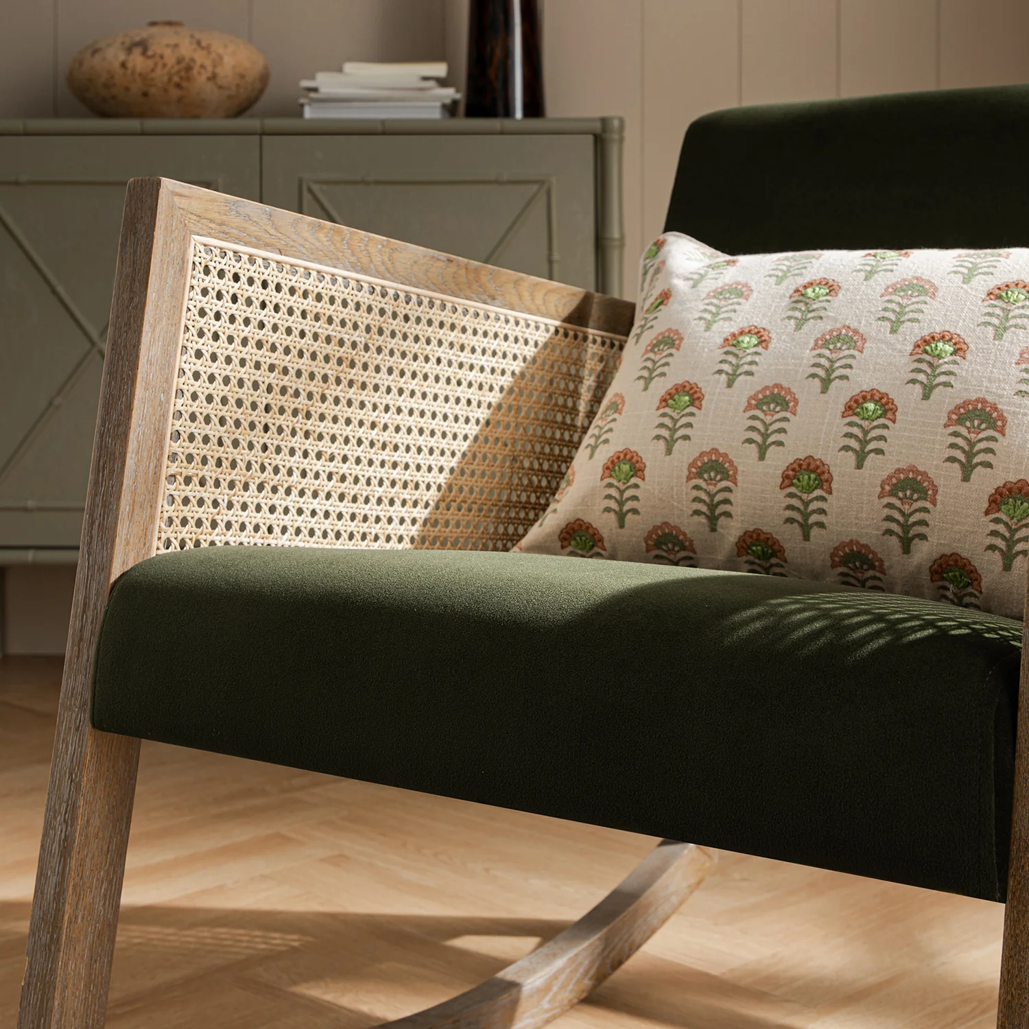 Fyne Moss Green Velvet Rocking Weathered Oak Armchair with Rattan Armrests - Image 5