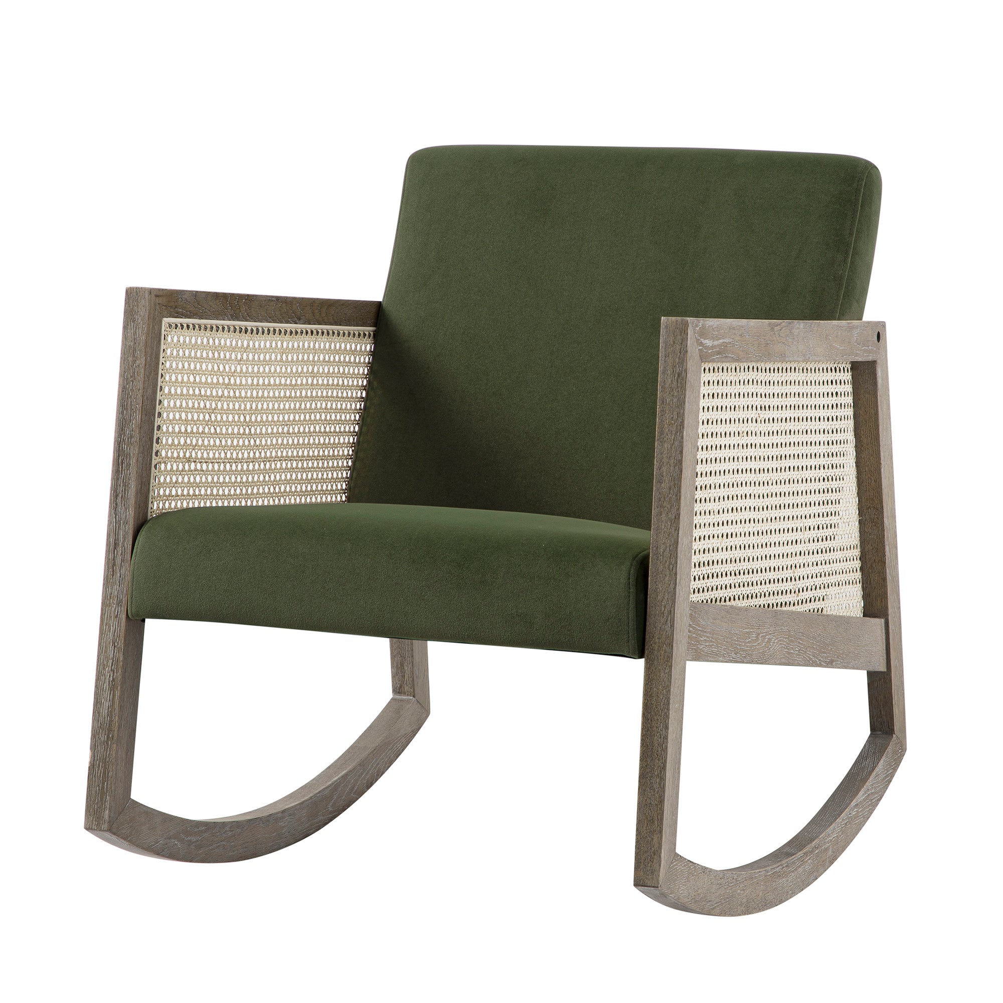 Fyne Moss Green Velvet Rocking Weathered Oak Armchair with Rattan Armrests - Image 8