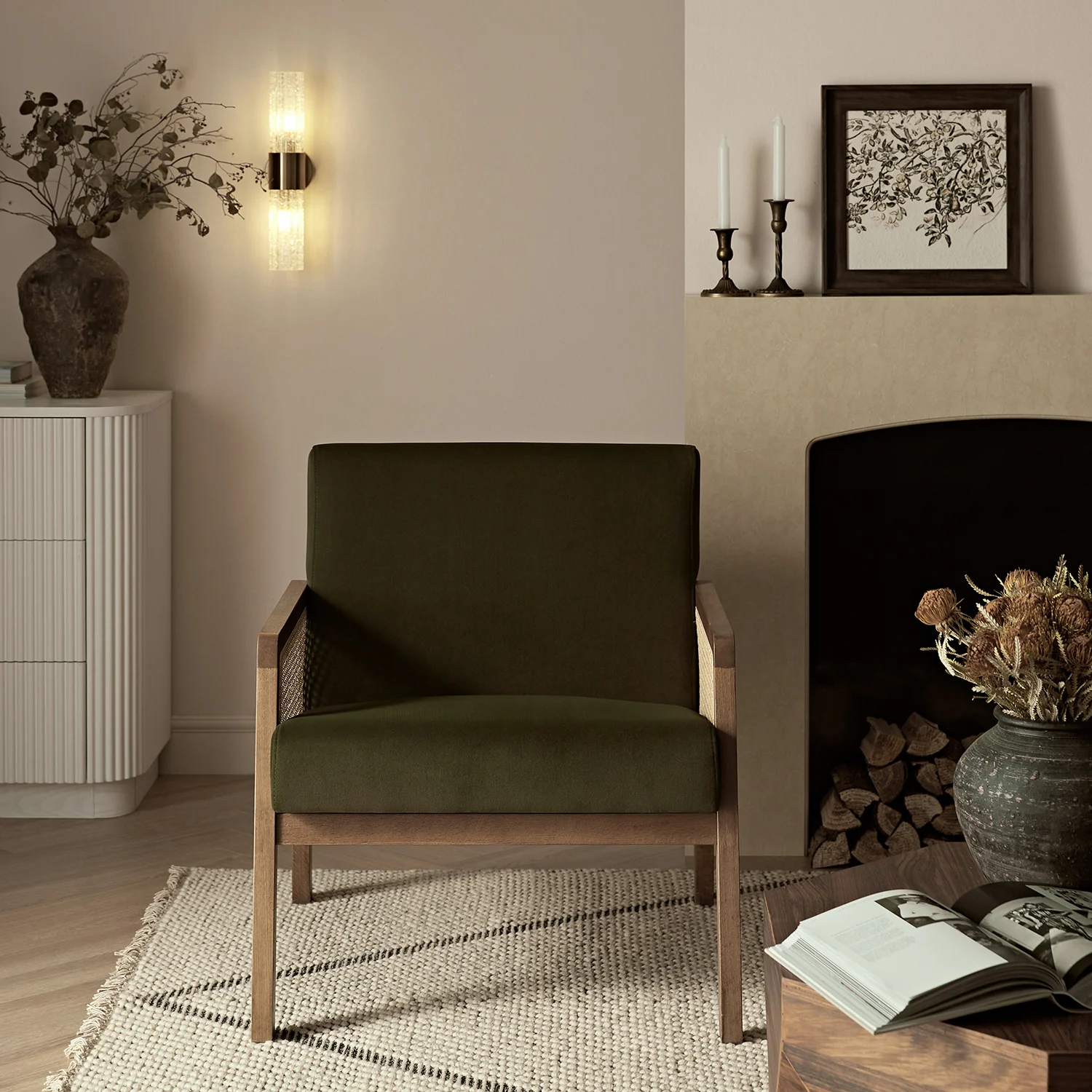 Fyne Moss Green Velvet Light Walnut Frame Rattan Armchair - Image 2