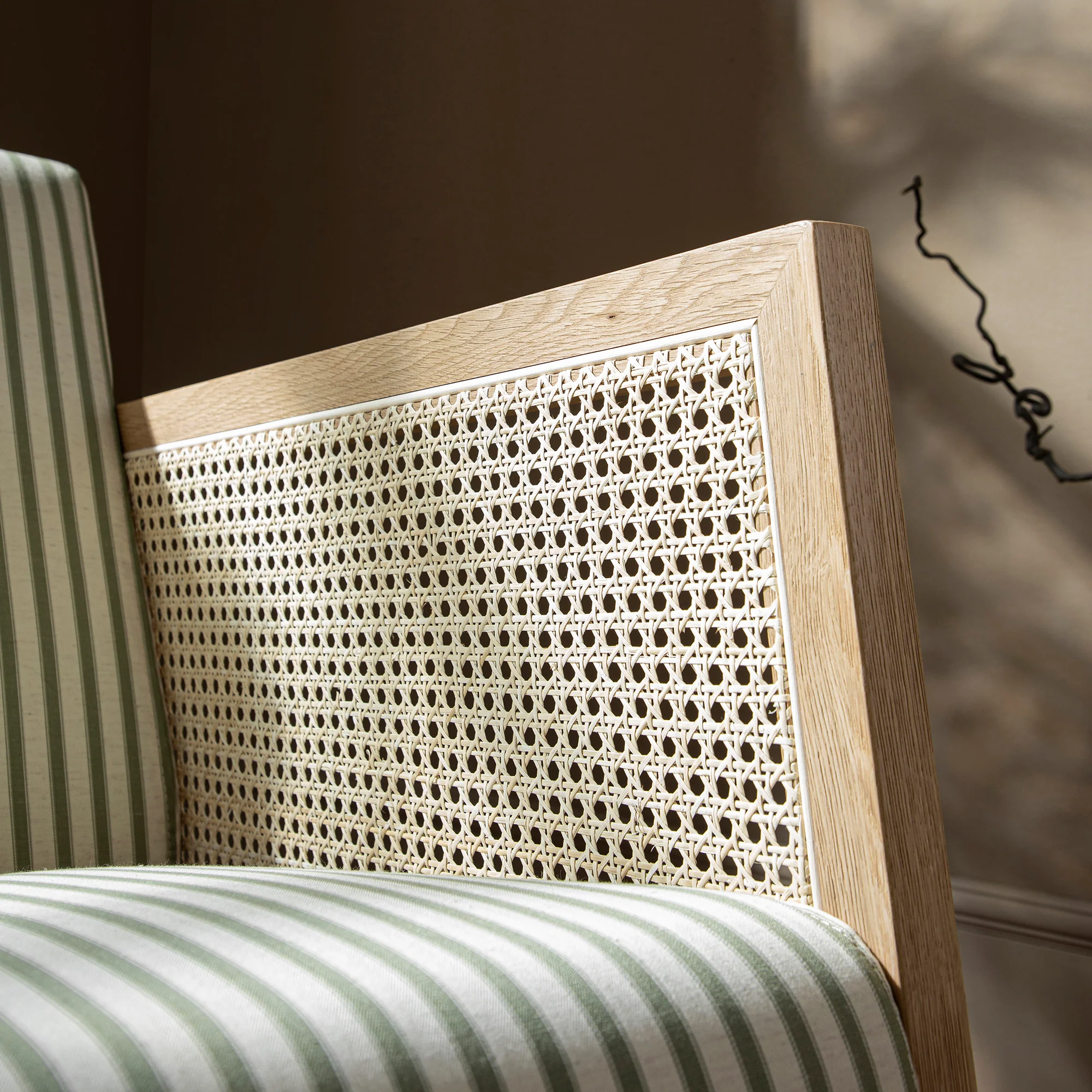 Fyne Sage Striped Linen Blend Natural Oak Armchair with Rattan Armrests - Image 5