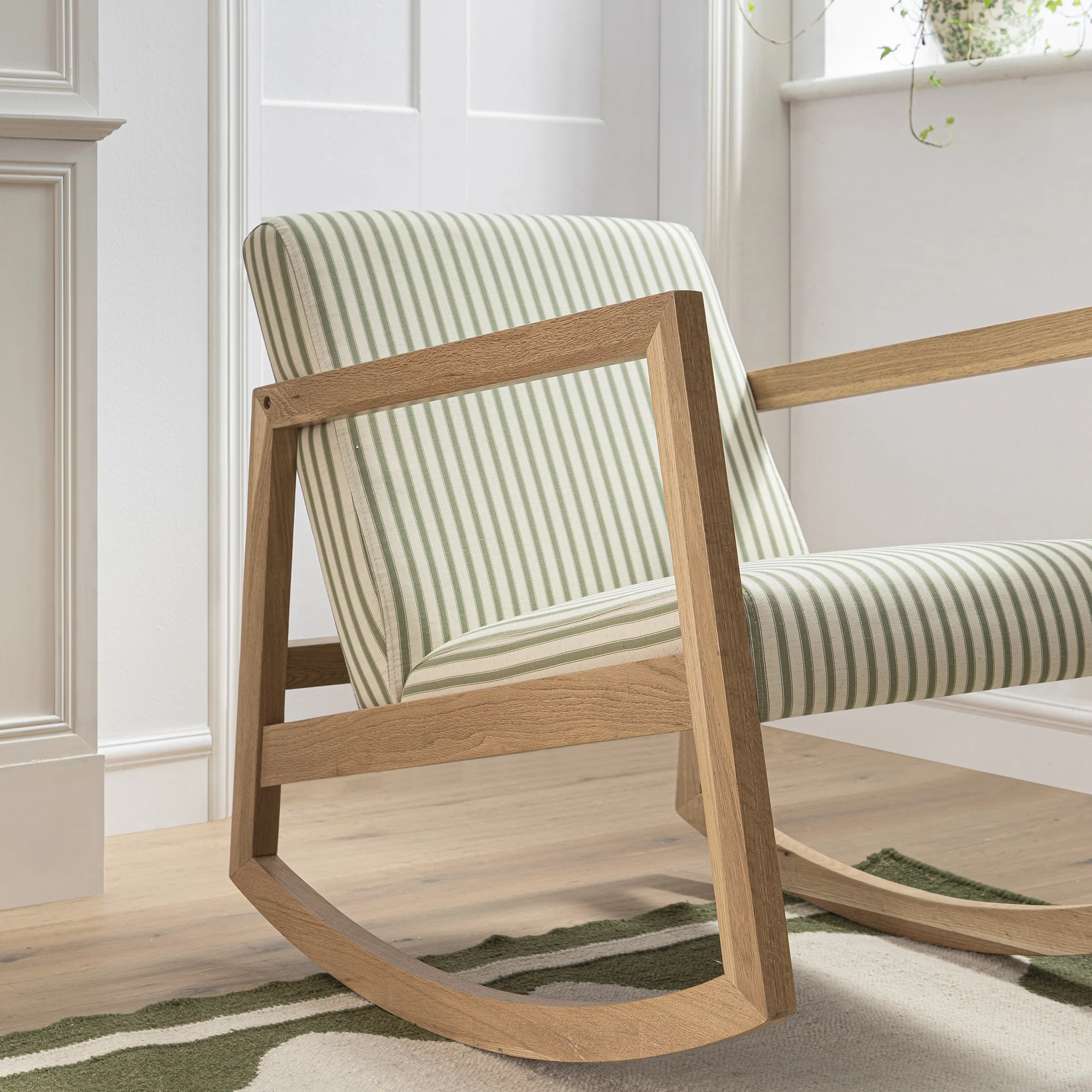 Fyne Sage Striped Linen Blend Natural Oak Rocking Armchair - Image 4