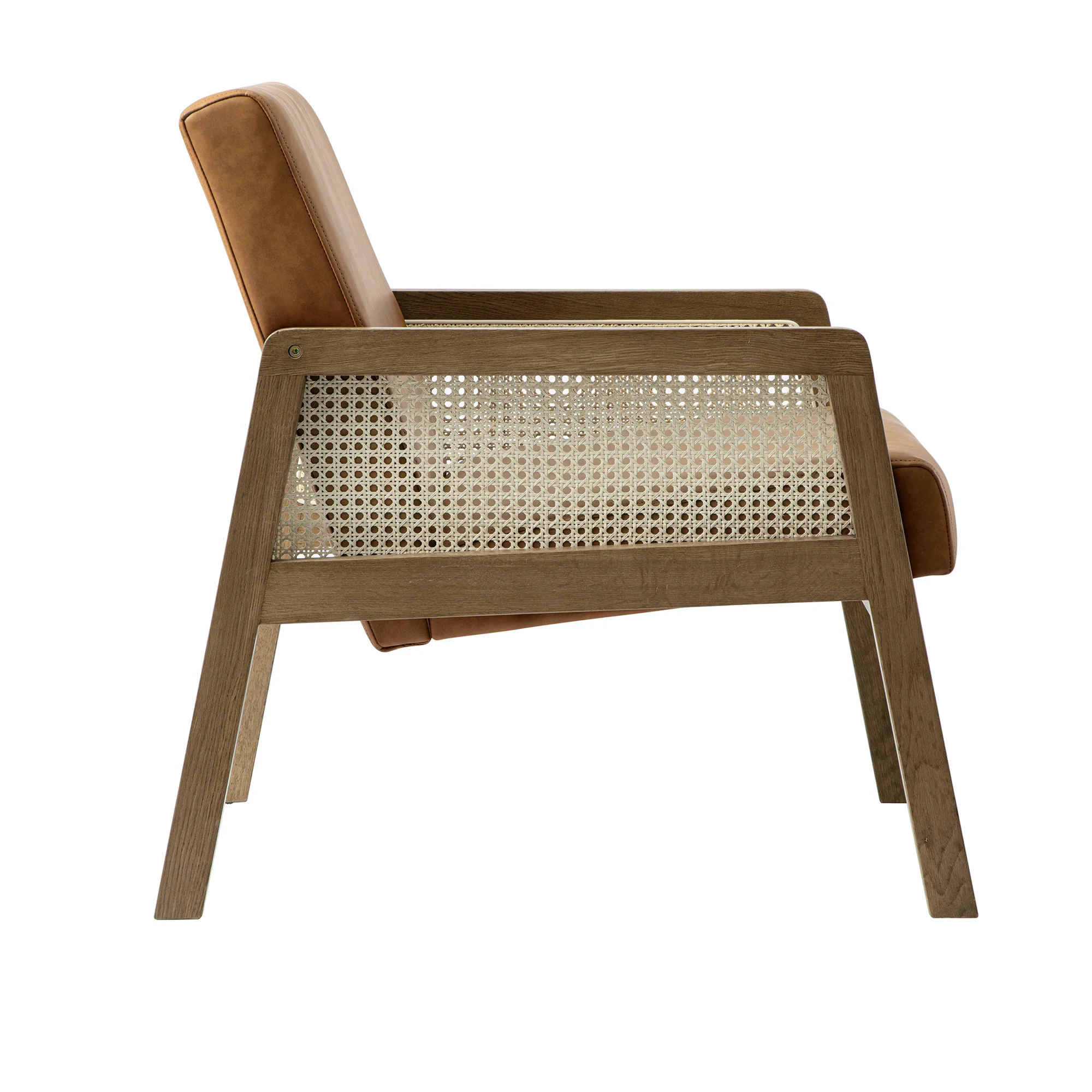 Fyne Tan Faux Leather Light Walnut Frame Rattan Armchair - Image 11