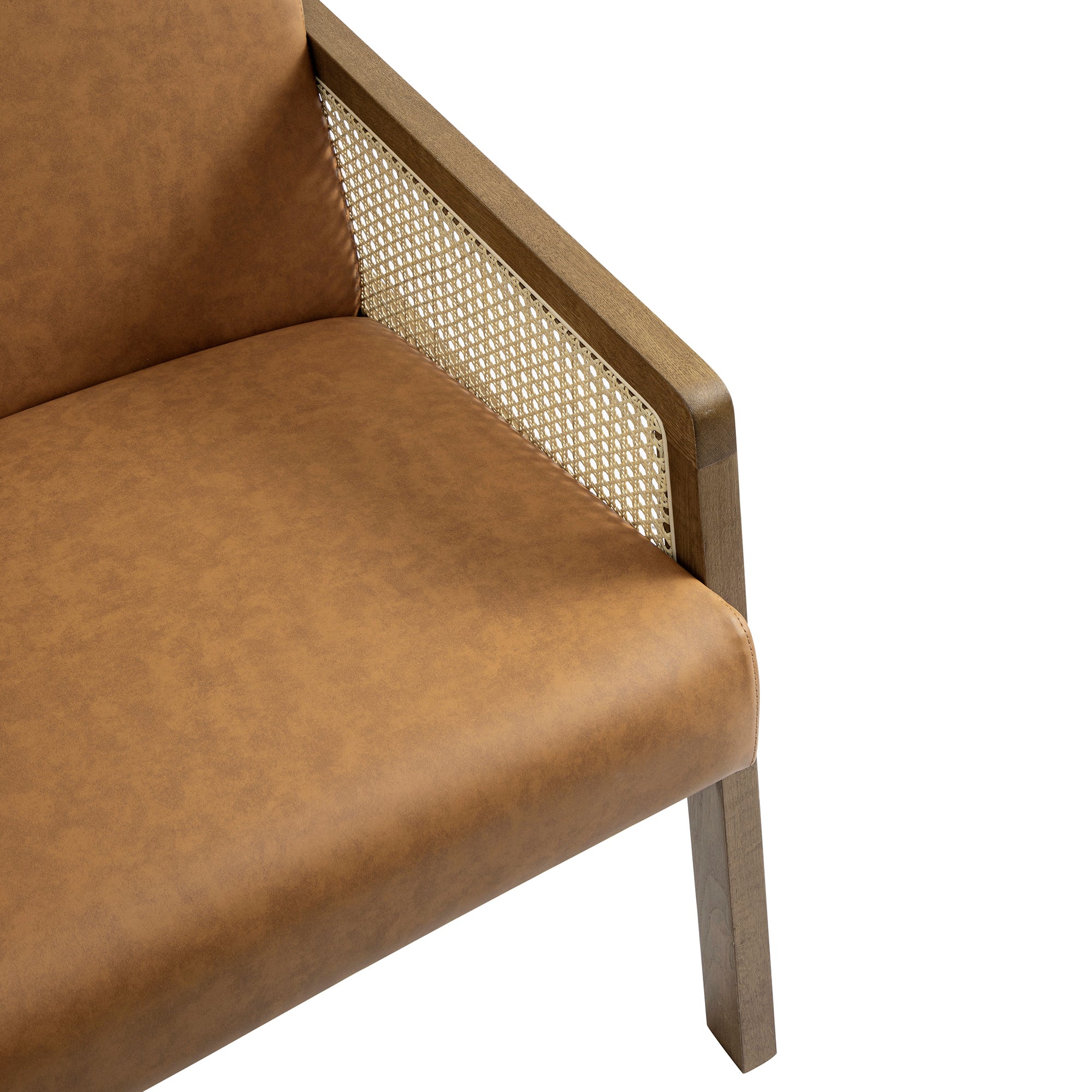 Fyne Tan Faux Leather Light Walnut Frame Rattan Armchair - Image 14
