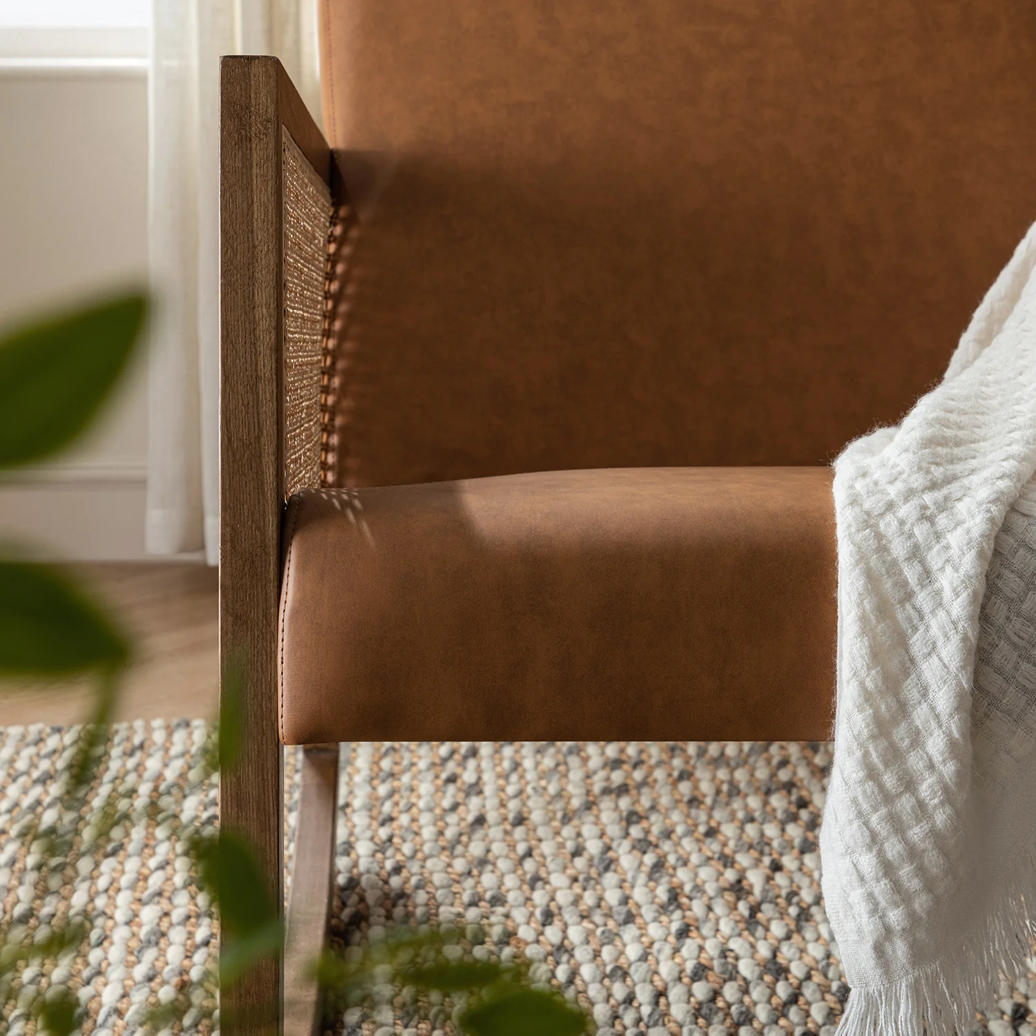 Fyne Tan Faux Leather Rocking Light Walnut Armchair with Rattan Armrests - Image 6