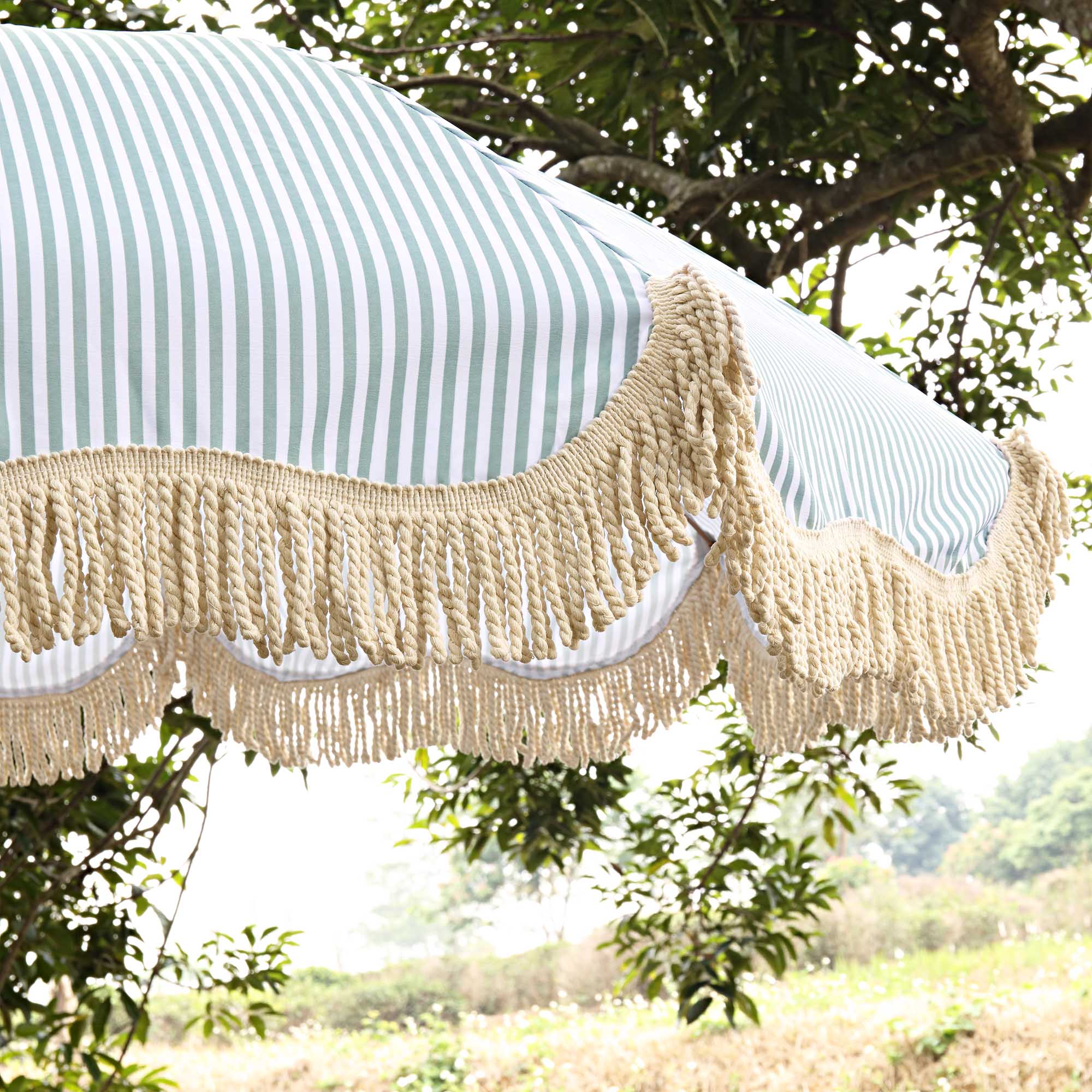 Gabriel Sage Green and White Striped Fringed Parasol with Tilt - Image 3