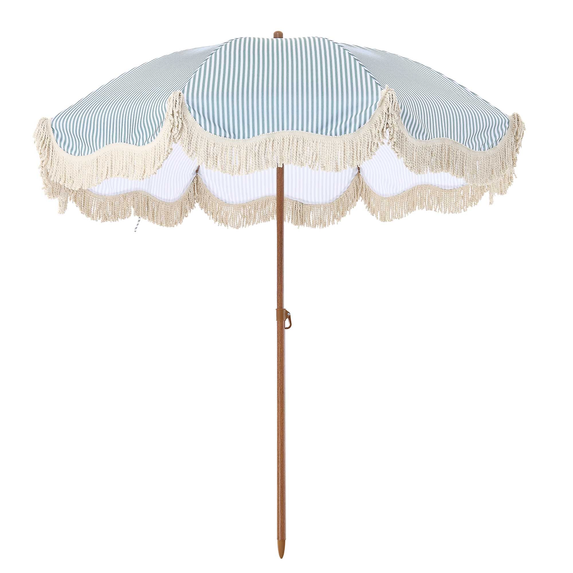 Gabriel Sage Green and White Striped Fringed Parasol with Tilt - Image 4