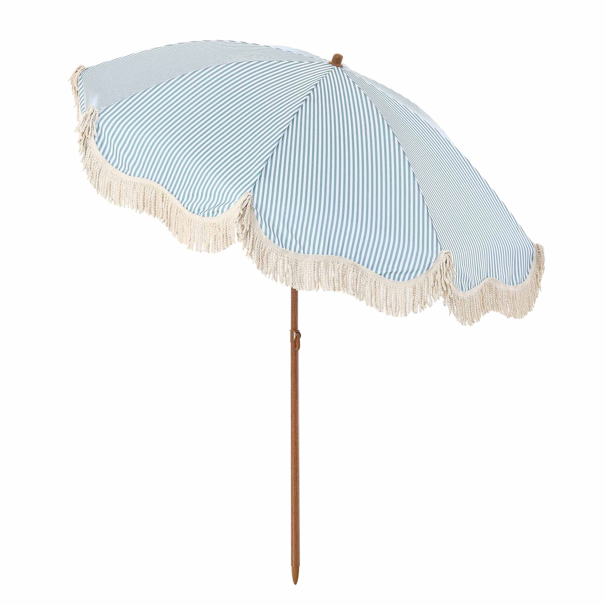 Gabriel Sage Green and White Striped Fringed Parasol with Tilt - Image 5