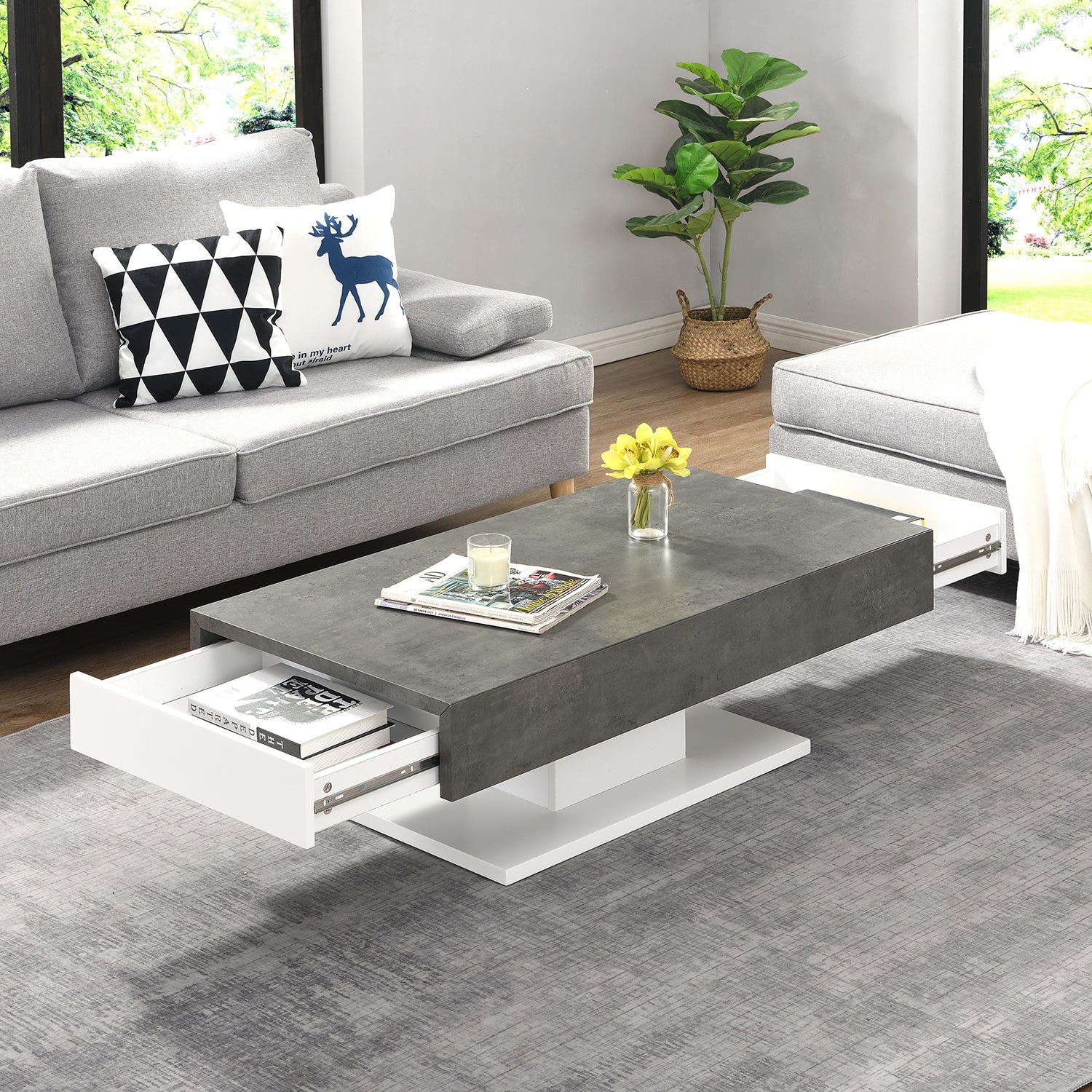 Goswell Concrete Effect Coffee Table with Double Drawers - Image 2
